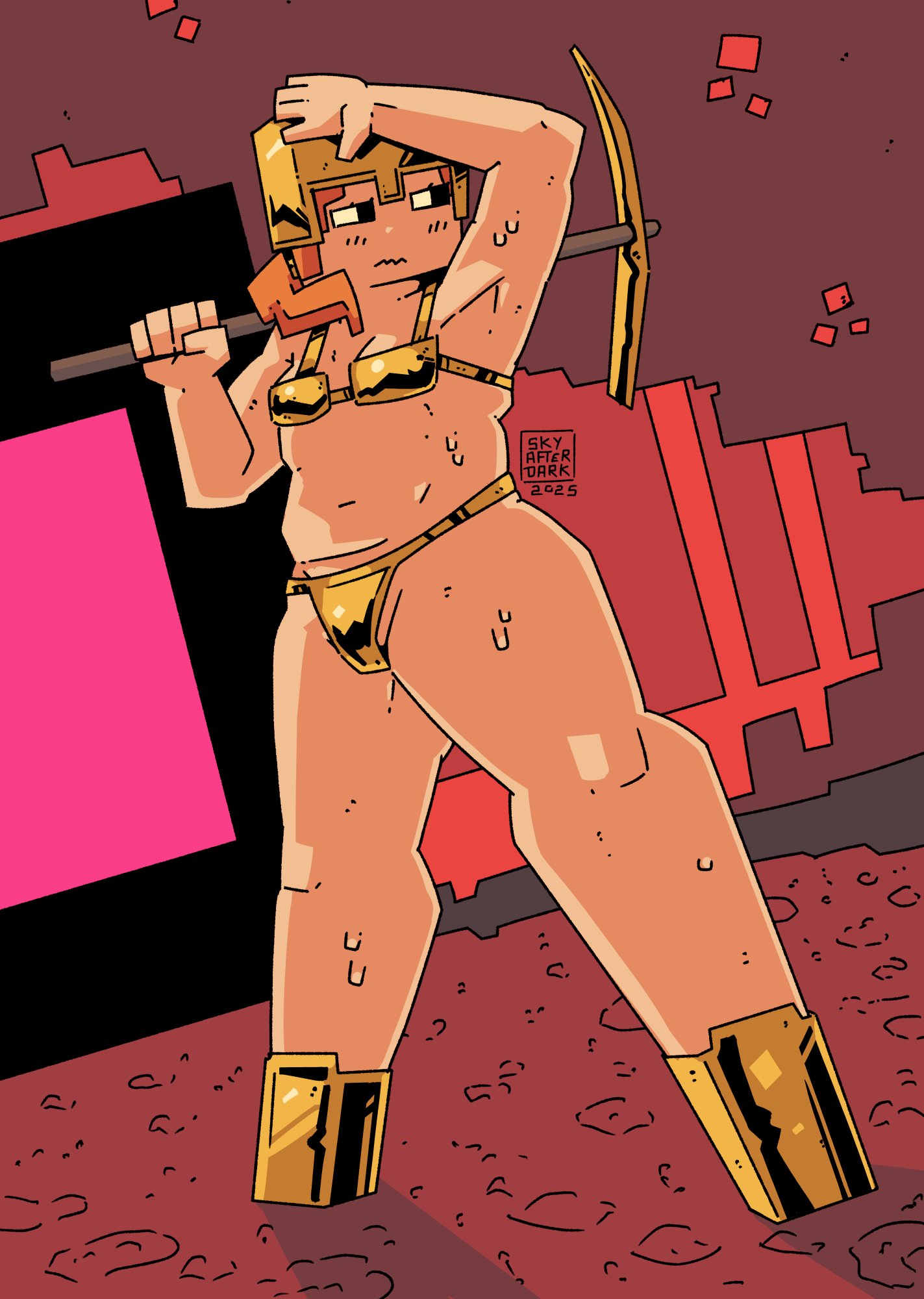 1girls, alex (minecraft), breasts, chubby, female, gold bikini, minecraft, skyafterdark, sweat, tagme
