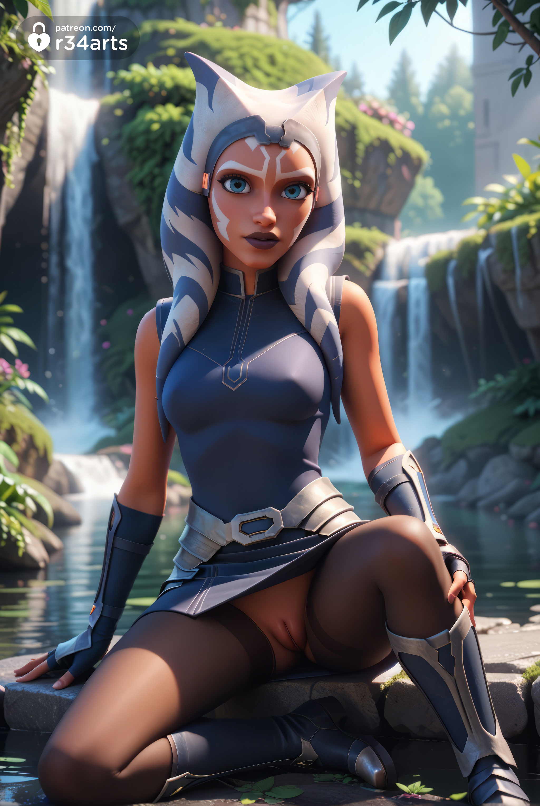 1girls, ahsoka tano, ai generated, alien, artist name, black pantyhose, blue eyes, blurry, boots, breasts, clone wars, colored skin, face markings, female, fingerless gloves, gloves, hi res, humanoid, jedi, knee boots, looking at viewer, lucasfilm, markings, medium breasts, montrals, no panties, orange skin, outdoors, pantyhose, pussy, r34arts, sitting, solo, star wars, star wars rebels, tattoo, tentacle hair, togruta, uncensored, water, waterfall