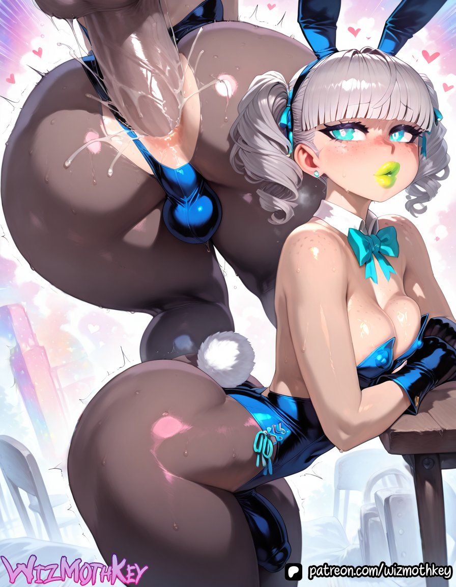ai_generated anal anal_sex animal_ears aqua_eyes ass ball_bulge bangs bare_shoulders blue_eyes blue_leotard blunt_bangs blush bulge bulge_through_clothing bunny_ears bunny_girl bunny_tail bunnysuit cleavage covered_nipples detached_collar earrings eyelashes fake_animal_ears fake_tail femboy freckles gloves green_lipstick heart leotard lipstick long_hair multiple_views nipple_bulge nipples_visible_through_clothing pantyhose penis penis_bulge puffy_lips sex silver_hair strapless_leotard tail trap wizmothkey wrist_cuffs