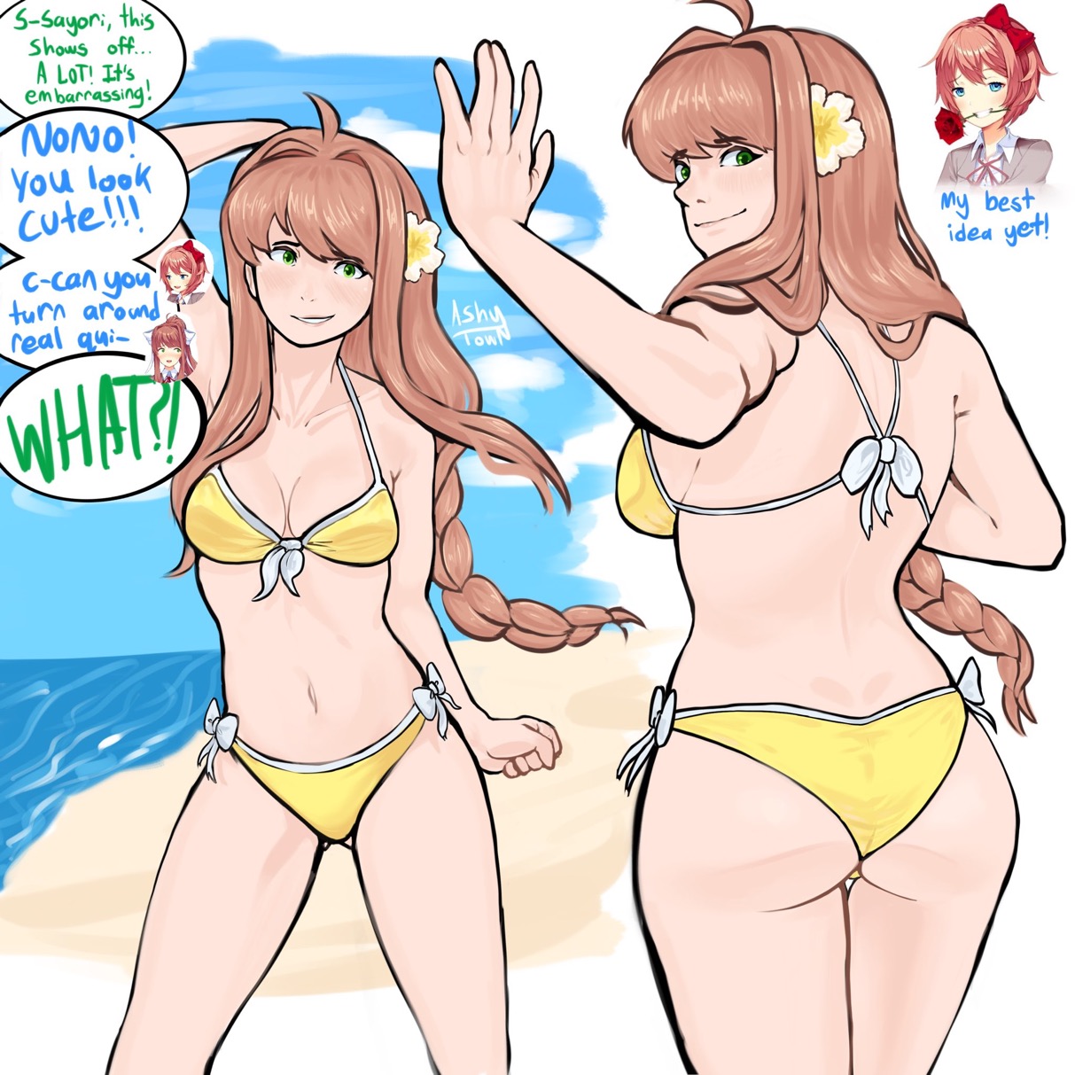 2girls, ass, back view, beach, belly, belly button, bikini, bikini bottom, bikini top, braid, braided hair, brown hair, dialogue, doki doki literature club, female, flower, flower in hair, front view, green eyes, long hair, midriff, monika (doki doki literature club), navel, sayori (doki doki literature club), solo focus, spicytown, tagme (artist), text, yellow bikini