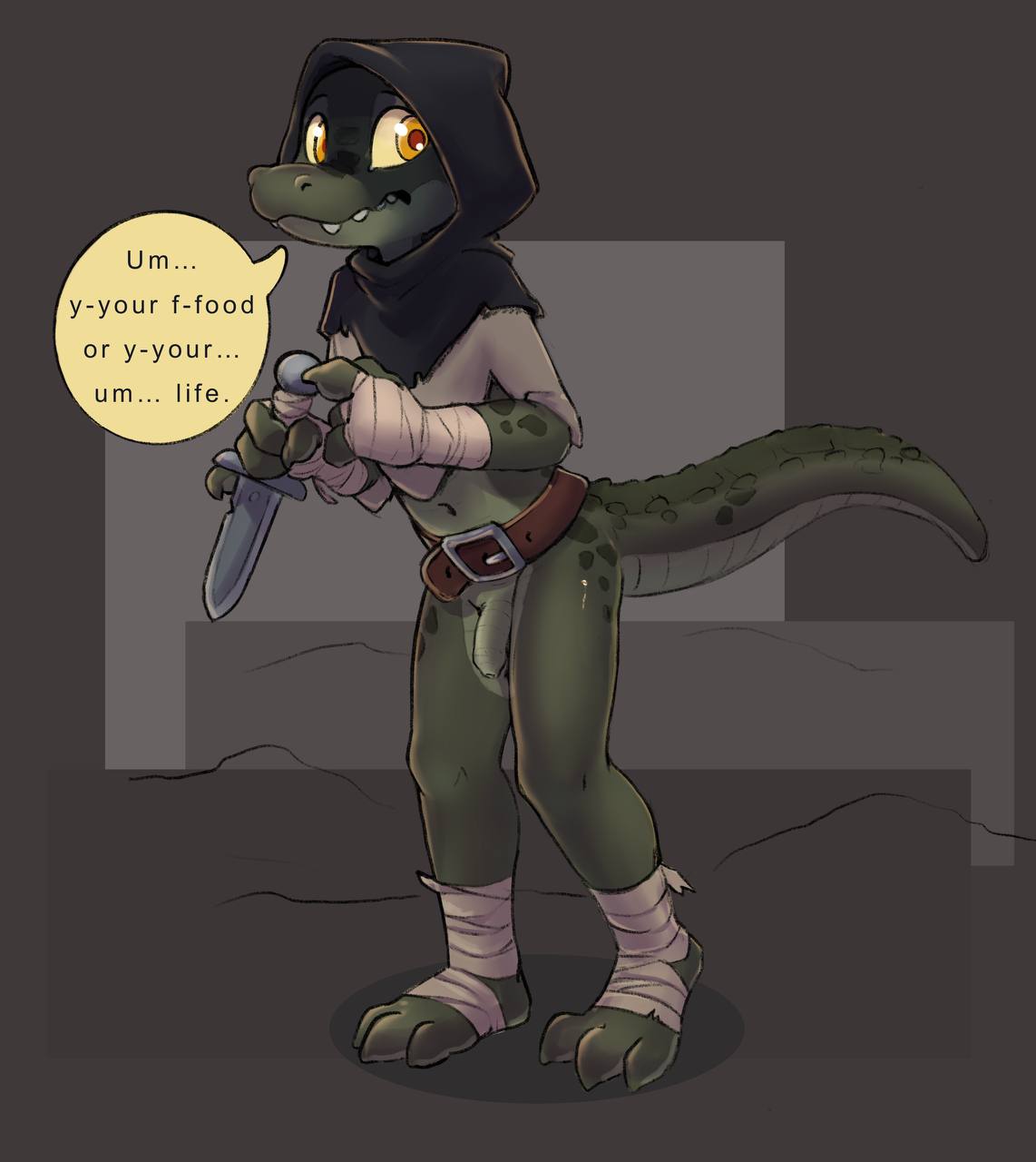alligator alligatorid anthro balls bedtime_buck belt belt_buckle bottomless bottomless_anthro bottomless_male buckle clothed clothing crocodile crocodile_tail crocodilian dagger digital_media_(artwork) feet foot_wraps footwear genitals green_body hand_wraps handwear hi_res holding_object holding_weapon hood humanoid_genitalia humanoid_penis knife little_bit_(bedtime_buck) male melee_weapon penis reptile scales scalie shirt simple_background solo spots tail teeth topwear weapon wraps yellow_eyes