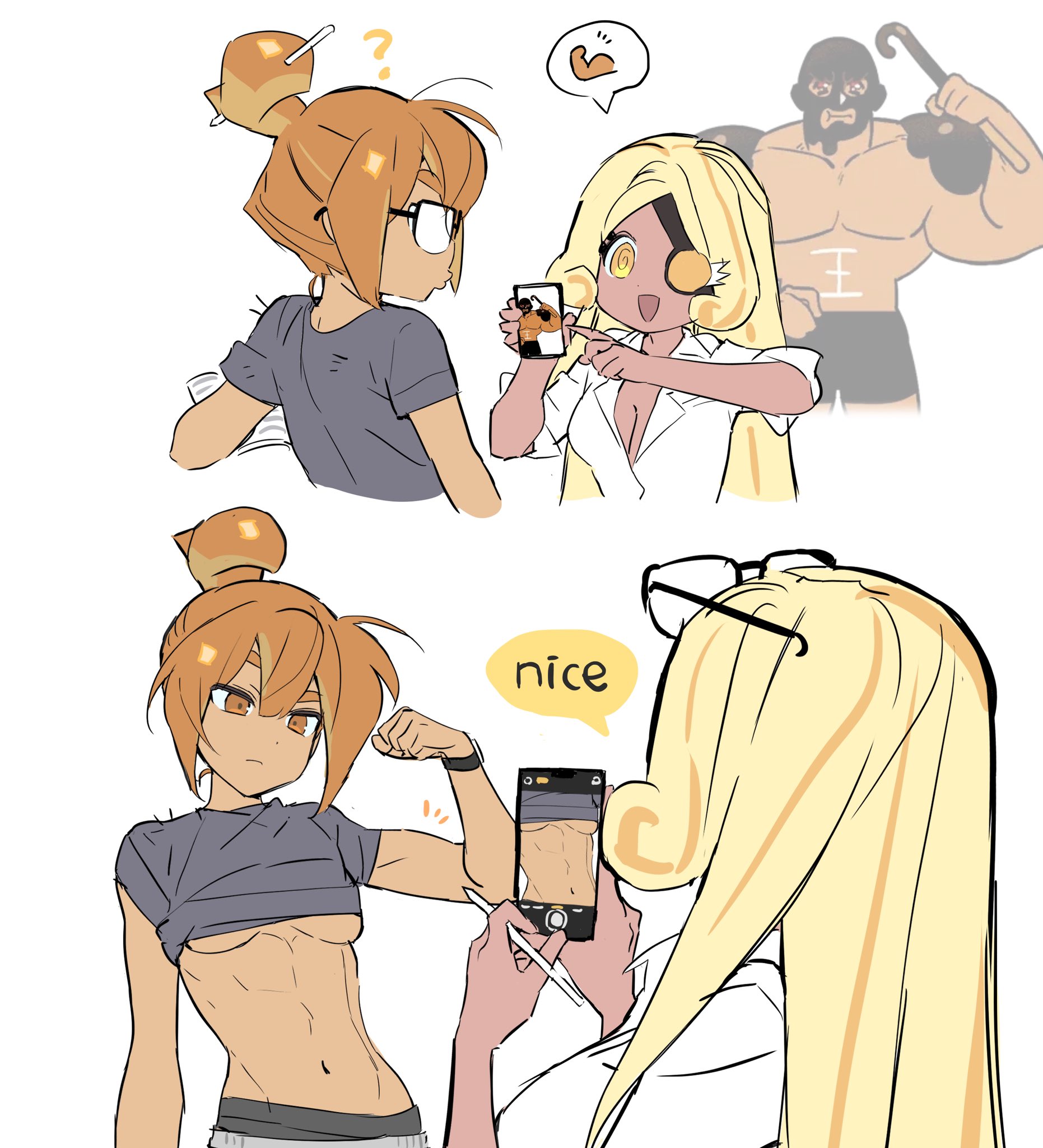 2girls, cookie run, cookie run ovenbreak, croissant cookie, female, flexing, glasses, gughib2, lifted shirt, multicolored hair, muscle cookie, muscles, ohta guk hip, ponytail, speech bubble, tagme, taking photo, timekeeper cookie, very long hair, yellow hair, yuri