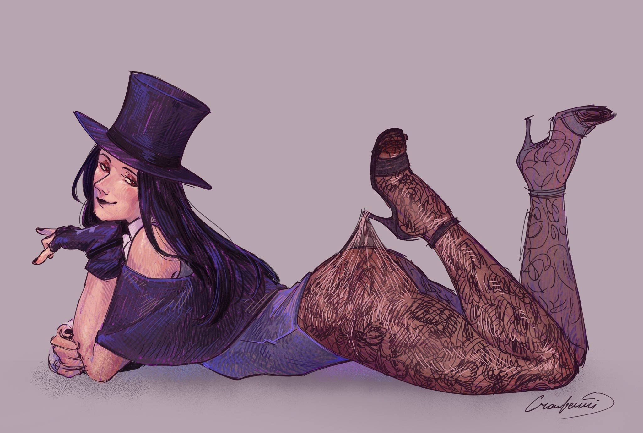 2d, agender, agender (lore), android, black hair, black lipstick, clothed, color, crowberri, fingerless gloves, full color, guilty gear, guilty gear strive, hat, heels, high heels, lace pantyhose, lace pantyhose hooked on heel (meme), long hair, pantyhose, pinup, solo, testament (guilty gear), top hat