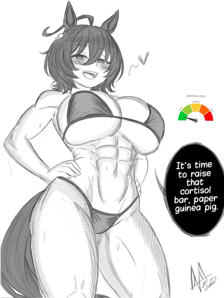 1girls, abs, agnes tachyon (umamusume), artist request, bikini, black and white, cortisol (meme), english text, female, female focus, female only, horse ears, horse girl, humiliation, low cortisol (meme), magnuswalker5, muscular, muscular female, solo, solo female, solo focus, speech bubble, tail, text, text bubble, umamusume, umamusume pretty derby