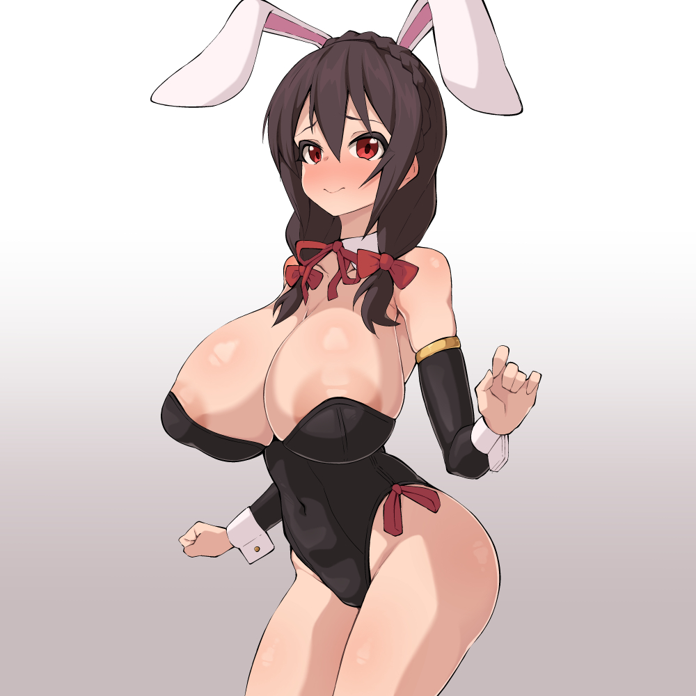 1girls, areola slip, areolae, bare legs, blush, braid, breasts, bunny ears, bunnysuit, embarrassed, fake animal ears, female, female only, hair ornament, hairbow, huge breasts, kono subarashii sekai ni shukufuku wo!, leotard, looking at viewer, nanashi maru, solo, thighs, yunyun (konosuba)