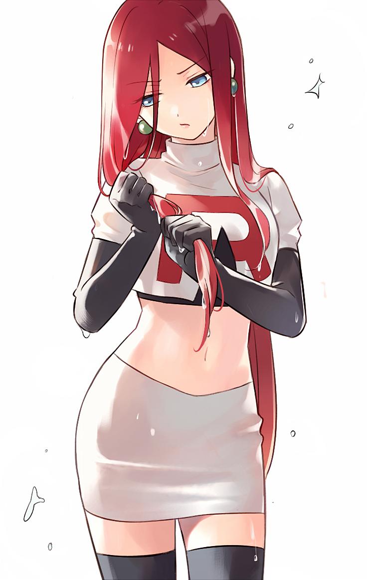 alternate hairstyle, belly button, black gloves, black thighhighs, blue eyes, closed mouth, crop top, ear studs, earrings, elbow gloves, female, female only, fully clothed, gloves, hair down, jessie (pokemon), long gloves, long hair, midriff, miniskirt, pokemon, red hair, simple background, skirt, stockings, team rocket uniform, thighhighs, thighs, usao (313131), wet body, wet clothes, wet hair, white background, zettai ryouiki