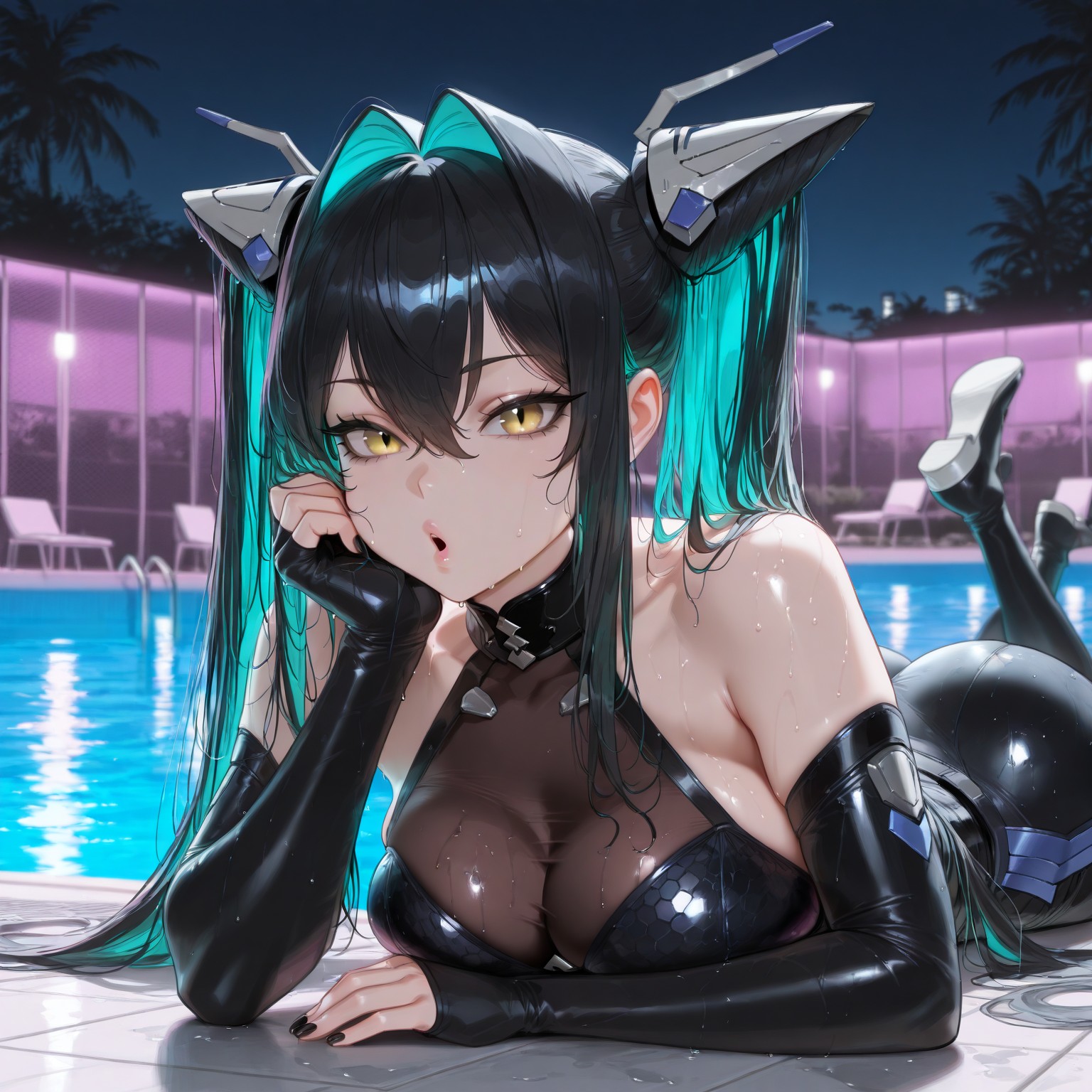 1girls, absurd res, ai generated, bare shoulders, bodysuit, breast press, breasts, cleavage, elbow rest, feet up, female, goddess of victory: nikke, little mermaid (nikke), liu (artist), looking at viewer, night, on stomach, outdoors, pool, poolside, seductive, see-through clothing, shiny clothes, solo, solo female, the pose, twintails, wet