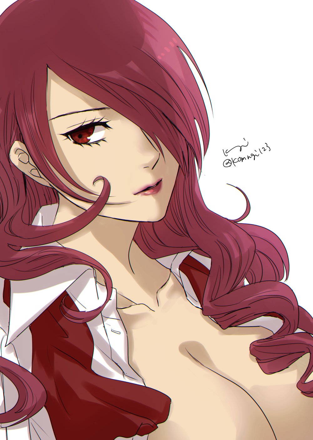 1girls, 2d, artist name, artist signature, atlus, cleavage, female, komugi123, light skin, long hair, looking at viewer, mitsuru kirijo, persona, persona 3, red eyes, red hair, solo, solo female, tagme, white background