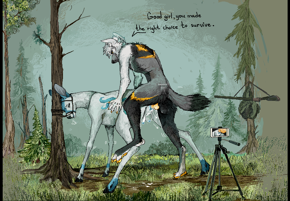 anthro anthro_on_feral bridle camera canid deer detailed_background doggy_style duo english_text female feral forced forest from_behind_position genitals halter hunter jeffusherb knot knotted_penis knotting male male/female mammal penetration penis plant rape sex text tree tripod vaginal_penetration vaginal_penetration zoophilia