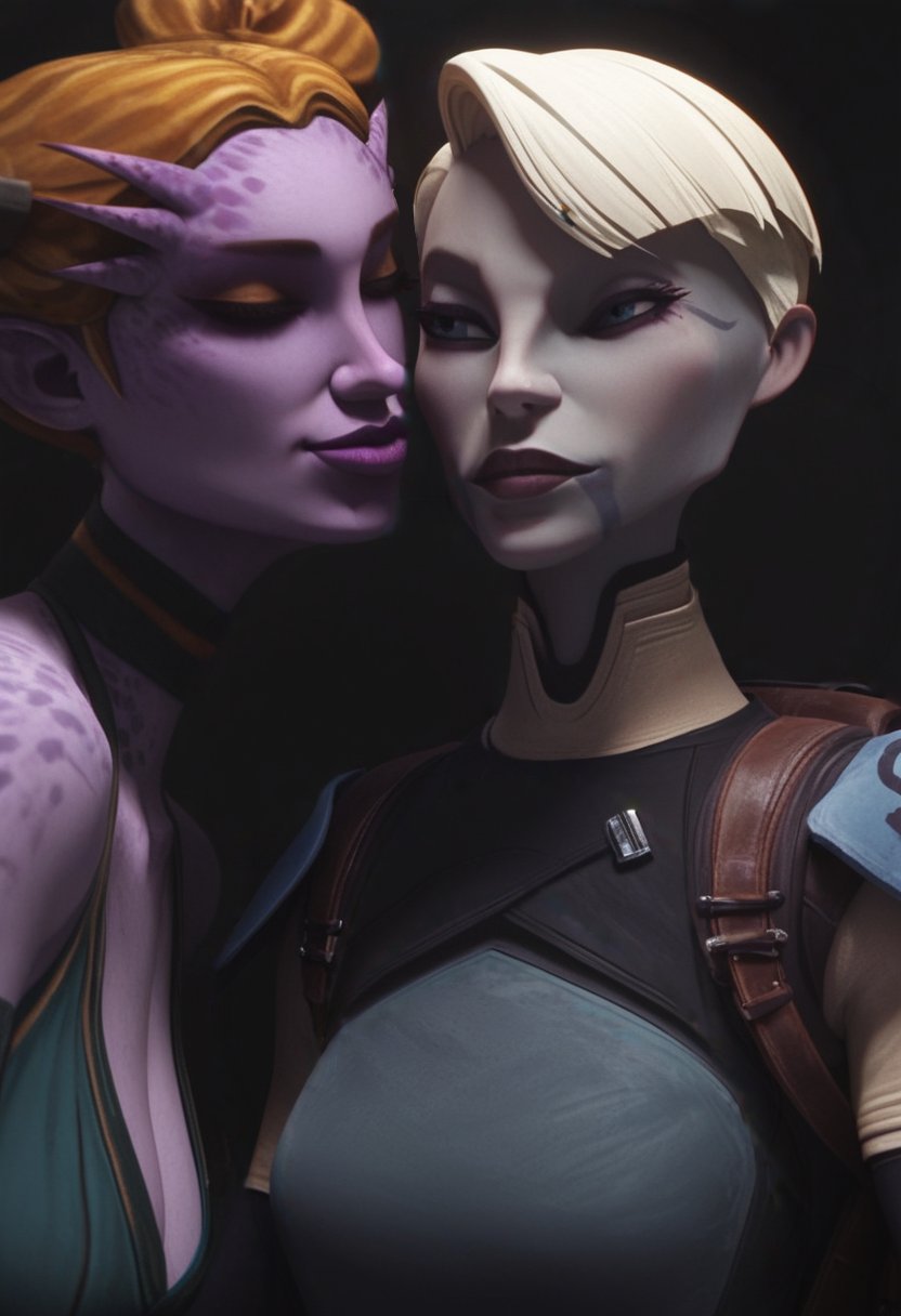 2d 2girls ai_generated asajj_ventress black-backed_jackal blonde_hair blue_eyes cleavage closed_eyes clothed clothing color dathomiri duchess_eugene ears eyelashes eyeshadow facial_tattoo female female_only front_view fully_clothed hair horn imminent_kiss interspecies kissing latts_razzi lesbian_kiss light-skinned_female light_skin lips lipstick makeup markings orange_hair pale-skinned_female pale_skin pink_body pink_skin purple_body red_hair short_hair short_hair_female shoulder_armor side_view stable_diffusion star_wars tales_of_the_underworld tattoo theelin tied_hair twintails upper_body white_body yuri