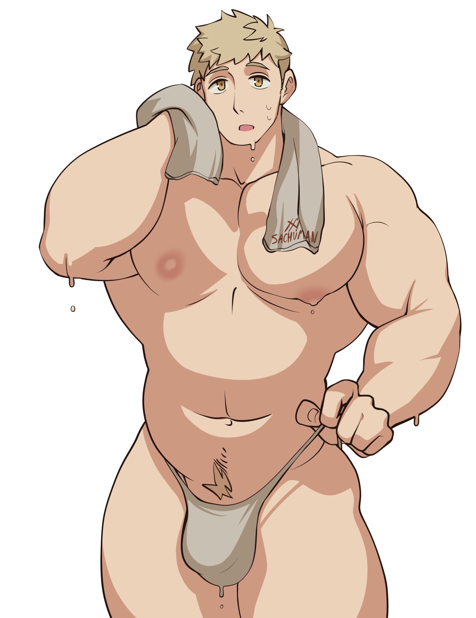 1boy, bara, big nipples, blonde hair, bulge, dungeon meshi, gay, gay male, happy trail, laios touden, looking at viewer, male, male focus, male only, more at source, sachuman, stocky, tagme, thong, thong pull, towel, white background, yaoi