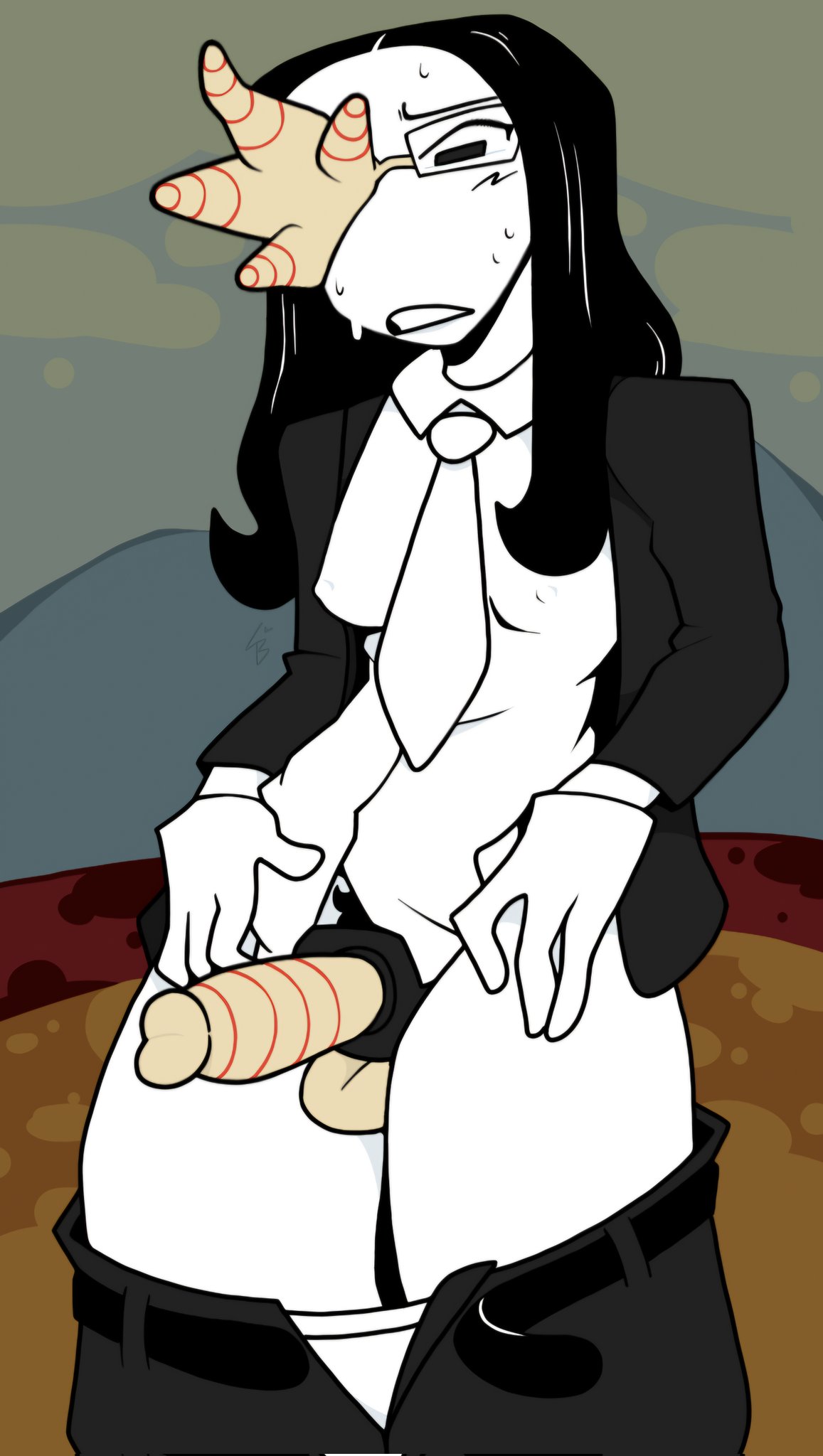 1futa, 1girls, belt, business suit, business woman, coral glasses, dream bbq, ena (series), female, futanari, glasses, intersex, lavabutts, male, nipples visible through clothing, outdoor exposure, outdoors, outside, outside exposure, pants around thighs, pants down, penis, penis out, solo, sweat, trans woman, transfem, unbuckled belt, underwear around thighs, underwear down