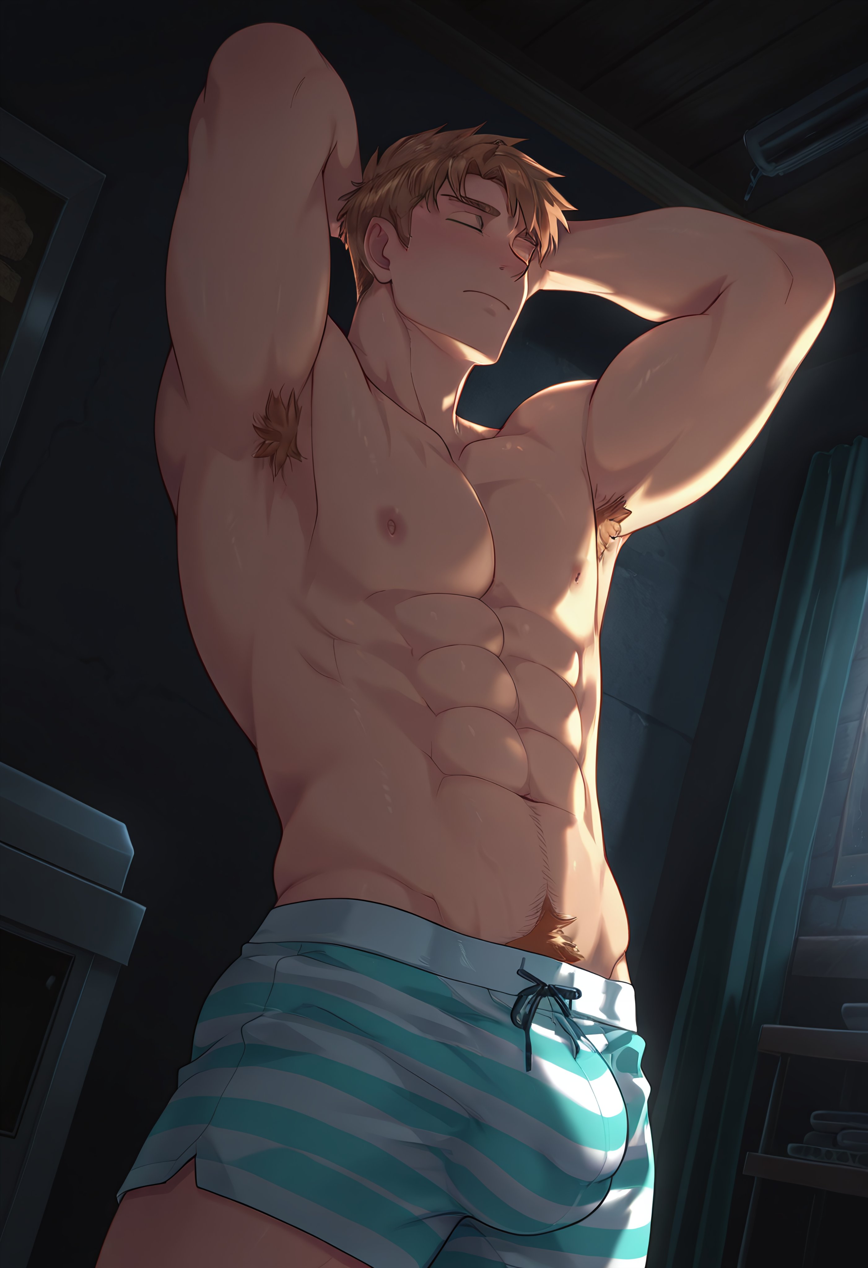 ai generated, bara, camp buddy, male, male focus, male only, snackji, yaoi, yoshinori nagira