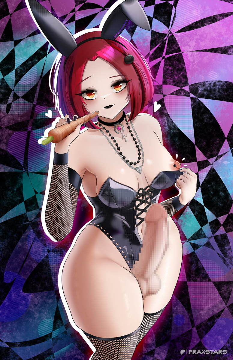 1futa big_penis braided_hair bunny_ears bunny_girl bunnysuit carrot dickgirl female fraxstars futanari goth goth_futa goth_girl huge_thighs intersex leaking_penis leaking_precum licking_lips looking_at_viewer natasha_marquez_(fraxstars) nipple_piercing nipple_slip nipples one_breast_out original original_character pale-skinned_female pale_skin penis perky_breasts red_eyes red_hair short_hair showing_nipple small_breasts small_waist tagme thick_legs thick_penis thick_thighs thighhighs thighs thighs_bigger_than_head wide_hipped_female wide_hips