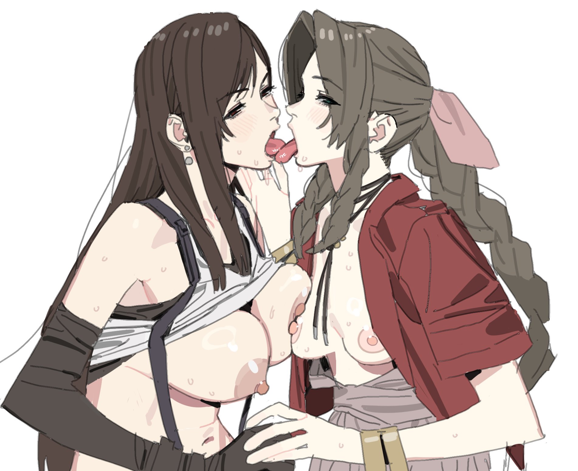 2girls, aerith gainsborough, big breasts, breast on breasts, breasts, closed eyes, earrings, female, female focus, female only, final fantasy, final fantasy vii, final fantasy vii remake, french kiss, hand holding, imamura ryou, kissing, long hair, nail polish, nce42g, nipples, open mouth, square enix, tifa lockhart, tongue, tongue kiss, tongue out, yuri