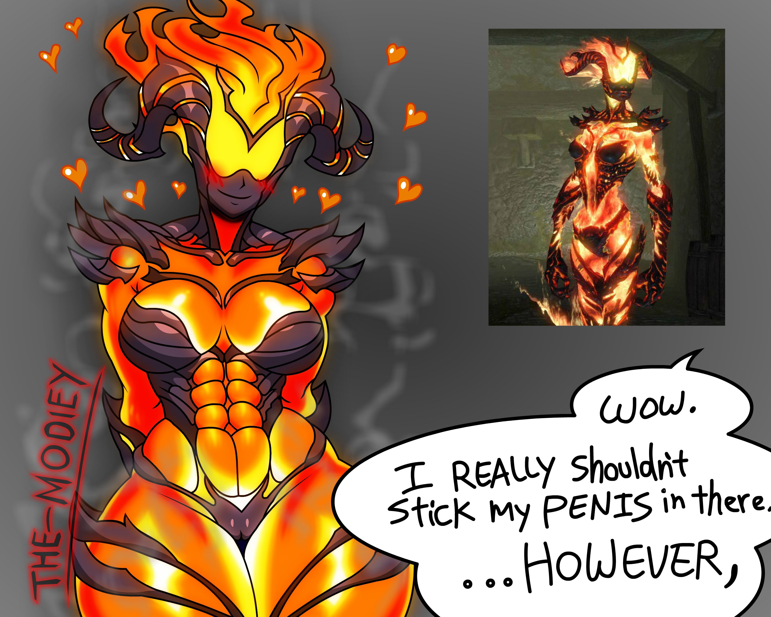 abs, big breasts, blush, blush lines, breasts, daedra, elemental creature, female, flame atronach, heart, i really shouldn't stick my penis in there, male, penis, reference image, skyrim, smile, steam, tagme, the elder scrolls, the-modiey, thick thighs, watermark