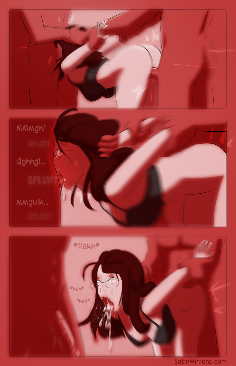 1girls, 2boys, after deepthroat, after oral, arm grab, arms behind back, arms held back, asian, asphyxiation, balls, balls deep, bent over, black bra, bottomless, bra, breasts, brown hair, comic, cum, cum drip, cum in mouth, cum in pussy, cum in throat, cum inside, cum out mouth, deepthroat, doggy style, effectively nude, faceless male, fellatio, female, forced oral, from behind, gag, gagging, glasses, green eyes, hand on head, hands behind head, head grab, helpless, irrumatio, light skin, light-skinned female, lipstick, long hair, male, medium breasts, milf, mmf, open mouth, oral, practically nude, prison guard position, pussy, pussy pounding, red lipstick, rough, satinminions, shocked, spitroast, standing, standing sex, surprised, threesome, throat bulge, throat fuck, throat pounding, thrusting, vaginal penetration, wide eyed, wrist grab