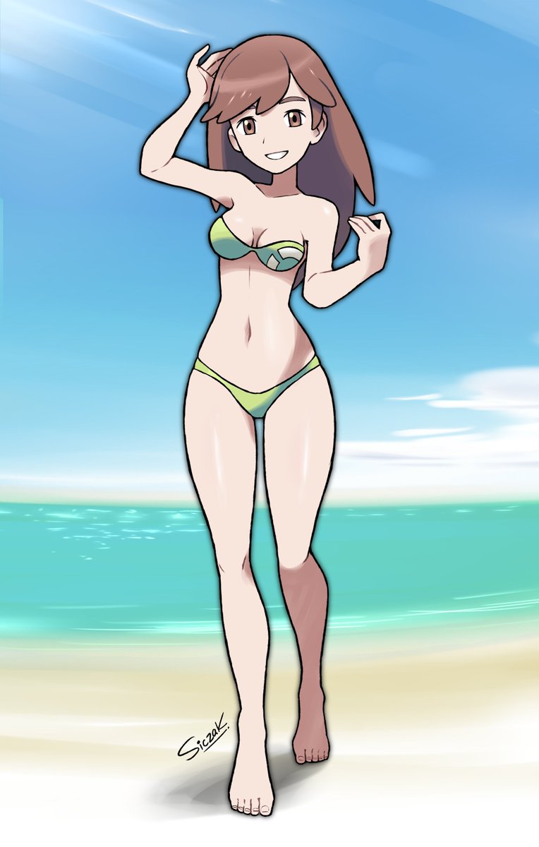 1girls, beach, bikini, brown eyes, brown hair, female, female only, green clothing, npc trainer, pokemon, pokemon breeder (pokemon xy), pokemon breeder (pokemon), shiny skin, siczak