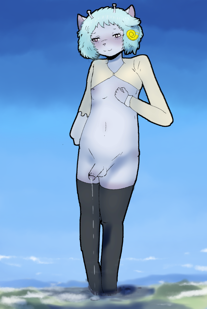 1boy alien antennae_(anatomy) anthro balls black_clothing black_legwear black_thigh_highs blue_body blue_hair blue_skin blush bodily_fluids city clothed clothing dripping femboy genital_fluids genitals giant_femboy girly hair hi_res landscape_dwarfing leaking_precum legwear macro male nipples partially_clothed penis precum precum_drip precum_on_ground purple_eyes solo teruni-inamor thigh_highs virelli wassa_panotto_inamor yellow_clothing