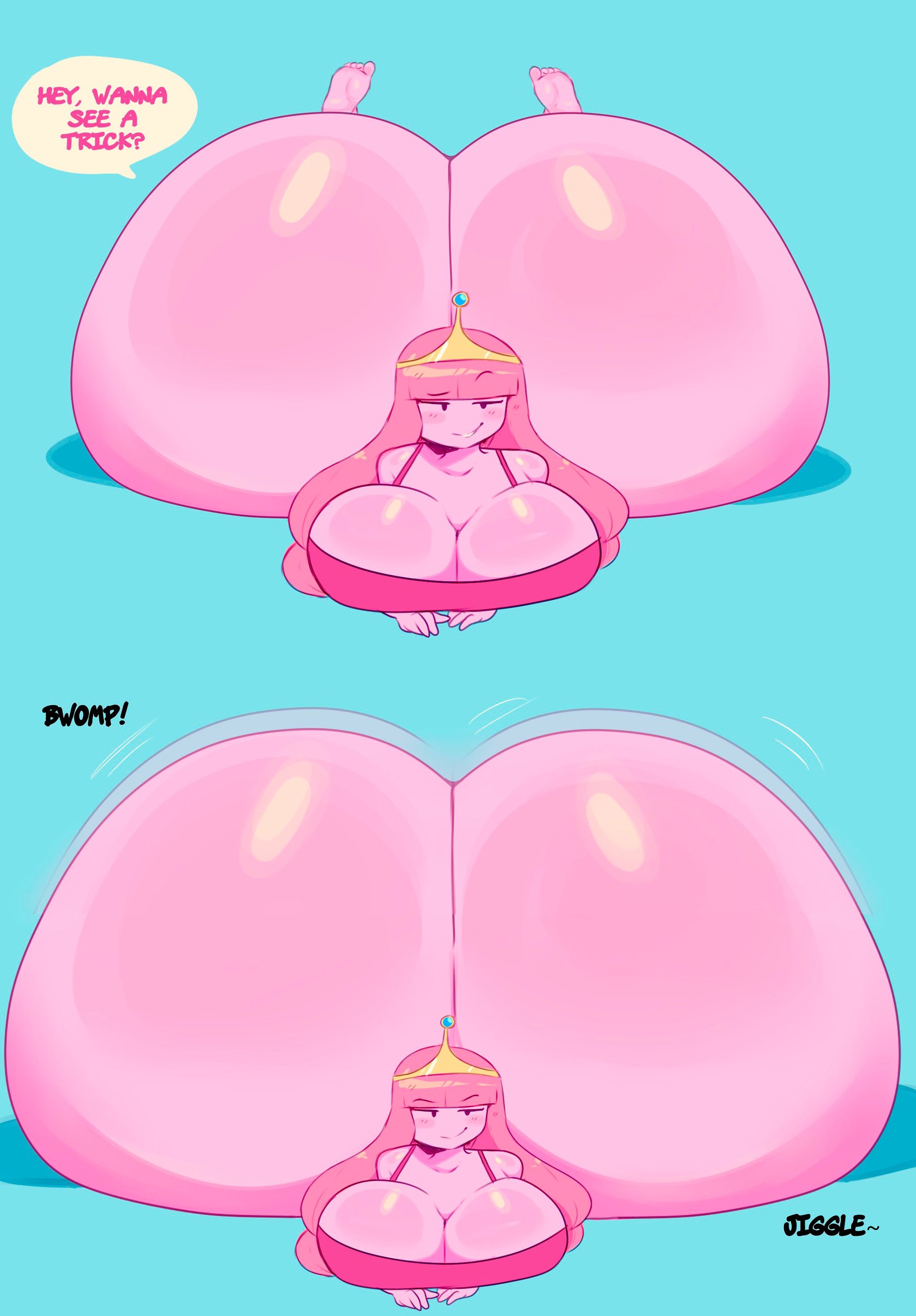 1girls, adventure time, ass, ass bigger than body, ass bigger than breasts, ass bigger than head, ass bigger than torso, ass body, ass expansion, ass up, big breasts, blue background, blush, bra, breasts, bubble ass, bubble butt, colossal ass, crown, dialogue, dialogue bubble, expansion, expansion sequence, female, female only, front facing with ass, front view, huge ass, huge breasts, hyper ass, jiggle, large breasts, long hair, looking at viewer, lying on floor, massive ass, moonraige, on floor, pink hair, pink skin, princess, princess bubblegum, raised eyebrow, round ass, round butt, seductive, seductive look, shiny ass, shiny skin, smile, smiling, smiling at viewer, talking to viewer