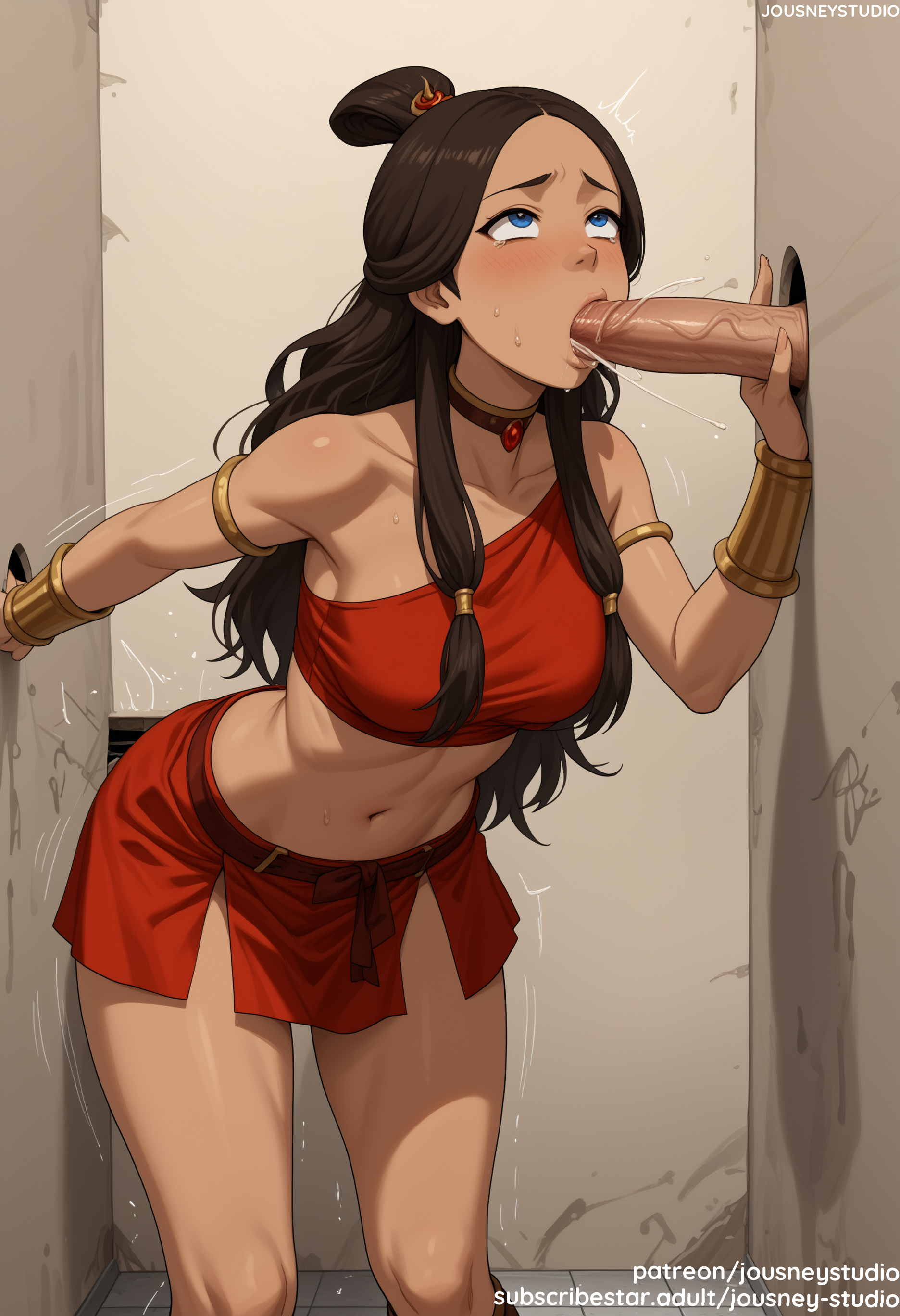 1boy, ai generated, armlet, avatar legends, avatar the last airbender, balls, bangs, bare shoulders, blue eyes, blush, bracelet, breasts, brooch, brown hair, choker, cleavage, clothing, crop top, dark skin, dark-skinned female, dark-skinned male, english language, english text, erection, fellatio, female, forehead, hair ornament, hair tubes, half updo, hand up, interracial, jewelry, jousneystudio, katara, large breasts, large penis, leaning forward, long hair, looking up, male, medium breasts, midriff, miniskirt, navel, nipples, nose blush, nude, oral, pelvic curtain, penis, ponytail, red skirt, rolling eyes, saliva, sex, shirt, skirt, solo focus, standing, stomach, straight, sweat, tears, testicles, text, thighs, trembling, uncensored, veins, veiny penis