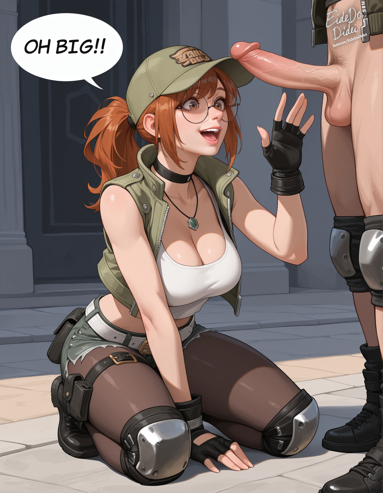 1boy, 1girls, ai generated, auburn hair, breasts, brown eyes, cleavage, eidedodidei, erection, female, fingerless gloves, fio germi, glasses, happy, large breasts, male, metal slug, metal slug awakening, outdoors, penis, penis awe, ponytail, round glasses, self upload, speech bubble