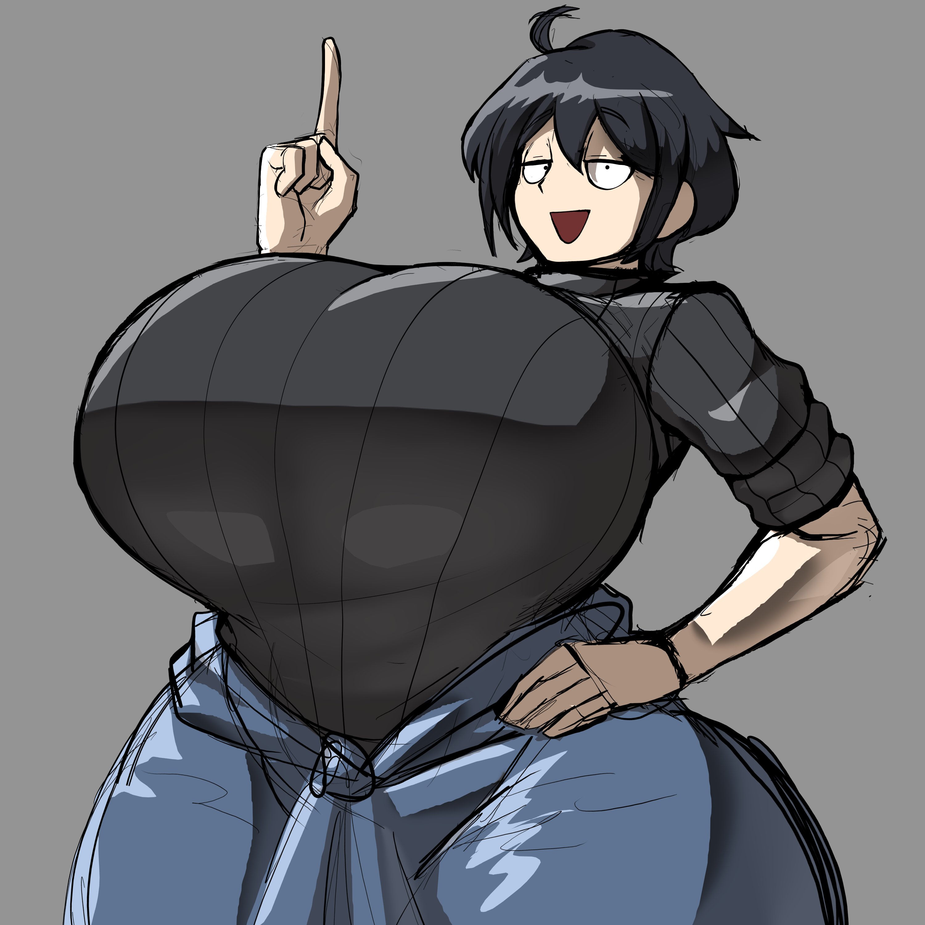 :d, 1girls, 30th video rentals, ahoge, big breasts, black hair, black sweater, breast focus, breasts, breasts bigger than head, breasts bigger than torso, da ra ra ra, enormous breasts, female, hand on hip, hips, huge breasts, indie virtual youtuber, jumpsuit, jumpsuit around waist, kataochi chuuko, large breasts, looking at viewer, mob face, nakako kataochi, pointing, pointing up, short hair, smile, swweater, thick thighs, turtleneck sweater, virtual youtuber, vtuber, wide hips