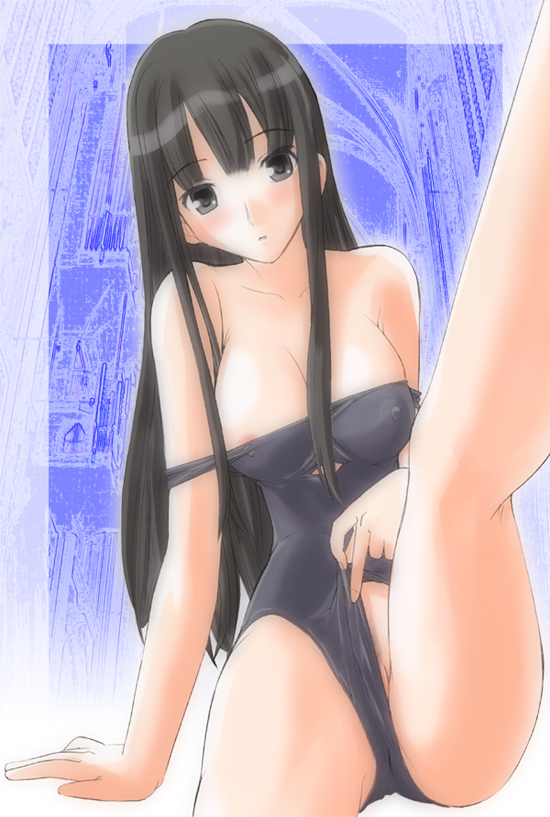 1girls black_eyes black_hair breasts erect_nipples female futami_eriko kimi_kiss long_hair morimi_ashita nipple_slip nipples one-piece_swimsuit school_swimsuit solo swimsuit swimsuit_aside