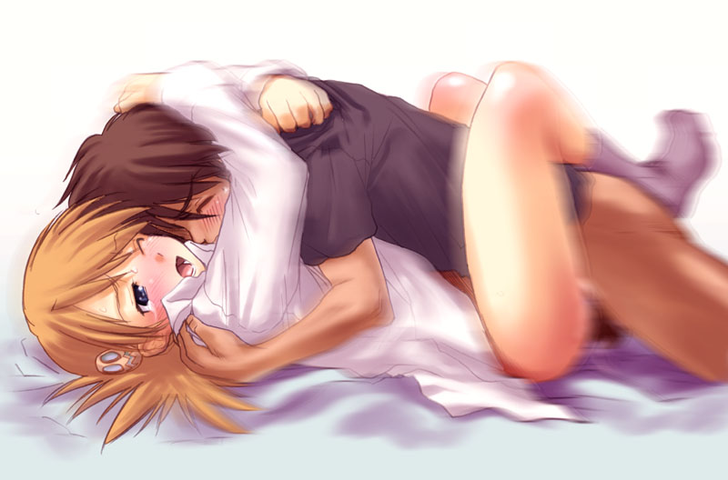 bed blush clothed_sex clothing couple footwear hug kouno_takaaki leg_lock lying missionary moan moaning motion_blur open_mouth sasamori_karin sex socks tears to_heart_(series) to_heart_2 vaginal_penetration wince