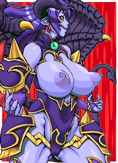 astaroth astaroth_(shinrabanshou) barefoot bb black_sclera blue_hair blue_skin breasts clothing demon_girl earring fangs horns huge_breasts inverted_nipples large_areolae large_breasts long_hair long_horns muscle nipples pointy_ears puffy_areola sgrin shinrabanshou shiny solo succubus tail thick_thighs thighs wings yellow_eyes