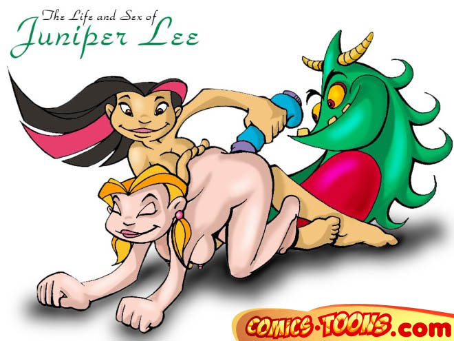 ass ass_grab breasts comics-toons dildo doggy_style erect_nipples female from_behind human interspecies jody_irwin juniper_lee multiple_females multiple_girls nipples nude small_breasts the_life_and_times_of_juniper_lee white_background yuri