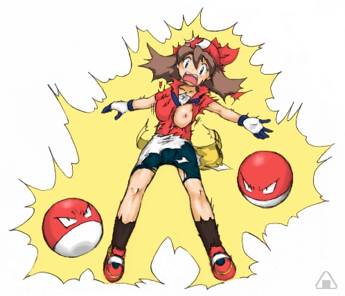 brown_hair electricity electrocution electrostimulation female human human_only long_hair lowres may_(pokemon) omusubii pokemon red_bandana straight_hair voltorb