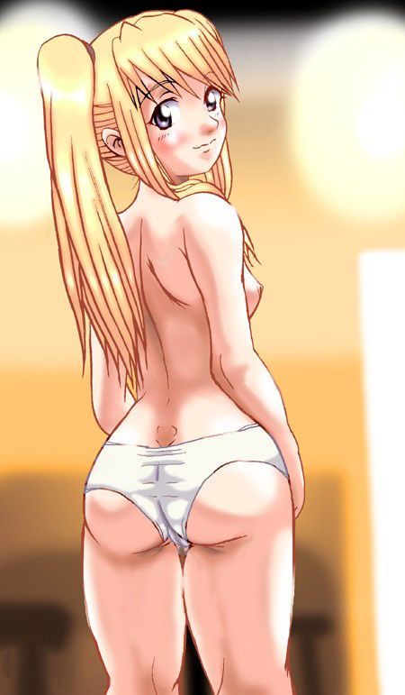 :3 ass back blonde_hair blush breasts female female_only from_behind fullmetal_alchemist human looking_back panties ponytail sideboob solo standing temple_(artist) thighs tied_hair topless underwear underwear_only white_panties winry_rockbell