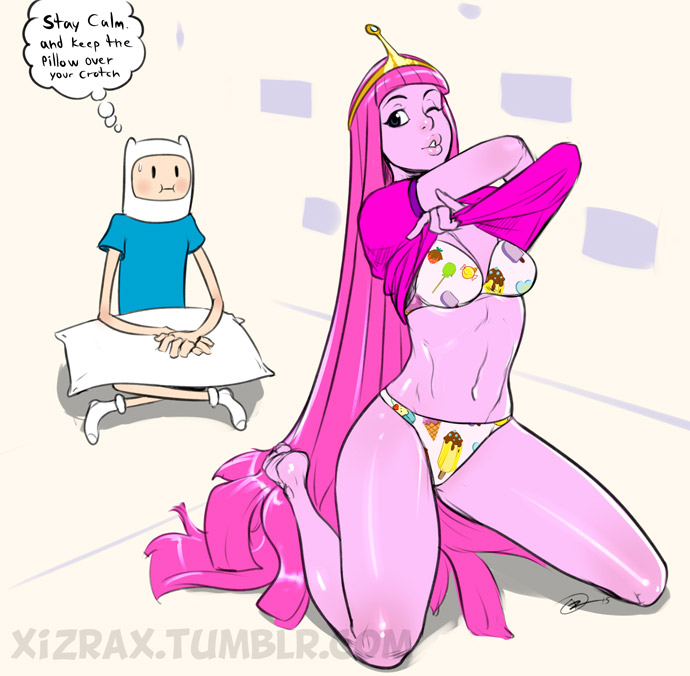 adventure time, bra, cartoon network, circlet, cleavage, female, finn the human, izra, kneeling, long hair, male, navel, panties, pink hair, pink skin, princess bubblegum, shirt lift, undressing, wink