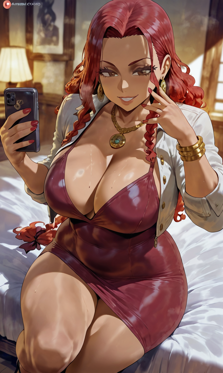ai generated, bigbizarts, breasts, brown eyes, brown skinned female, curvy, dress, female, heels, jean jacket, light skin, light-skinned female, original character, red hair, seductive smile, selfie, thick thighs, voluptuous, wide hips