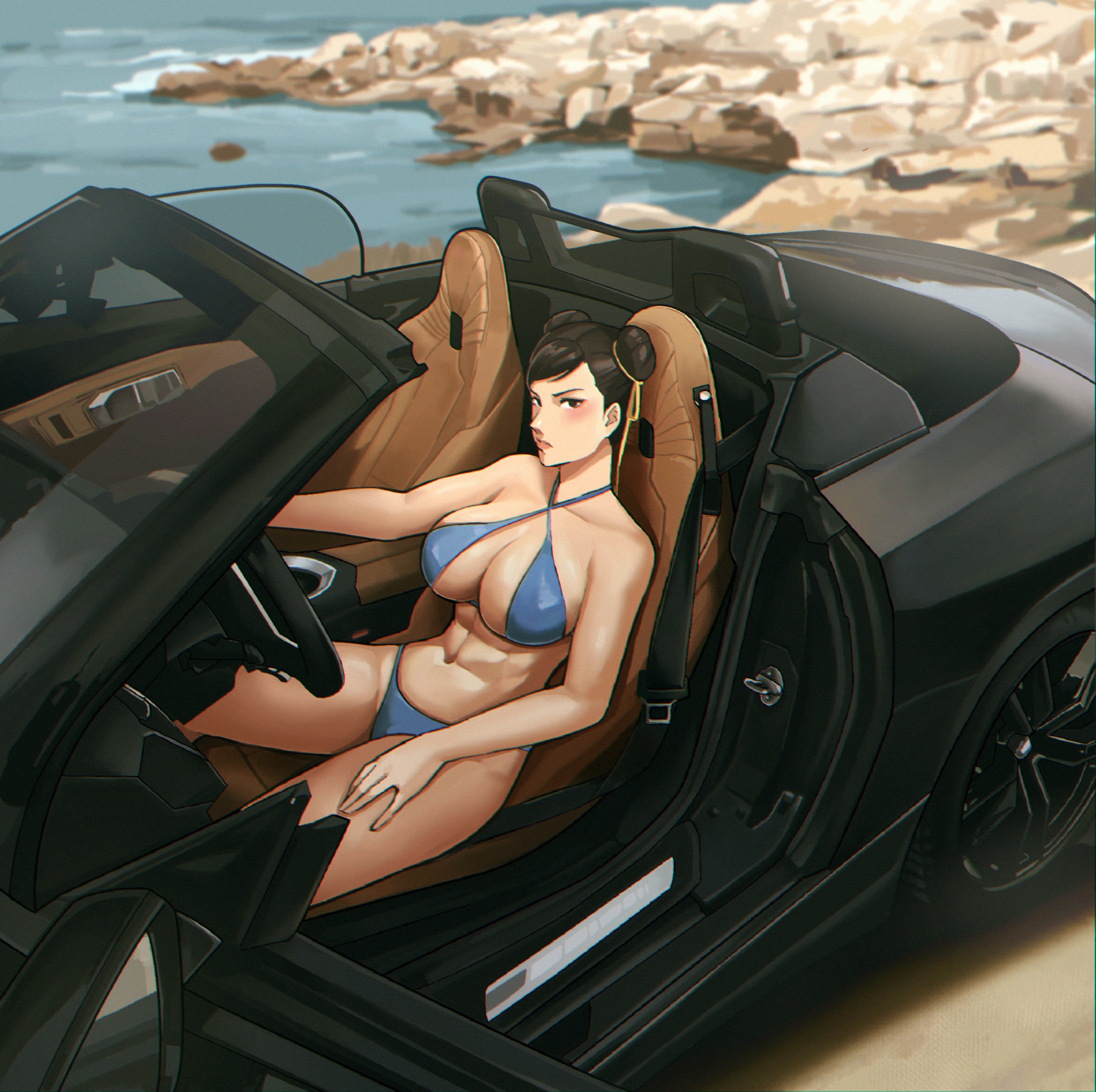 big breasts, bikini, breasts, capcom, car, chun-li, female, lightsosis, motor vehicle, sports car, steering wheel, street fighter