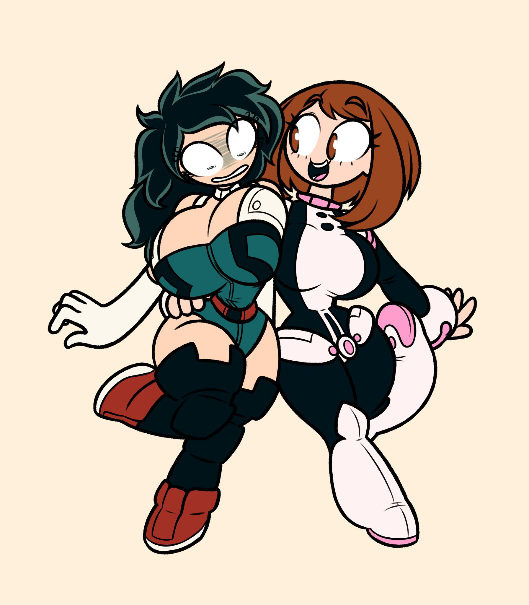 2girls, big breasts, boku no hero academia, breasts, female, female deku, frost-lock, izuku midoriya, midoriya izuku, my hero academia, rule 63, thick thighs, uraraka ochako