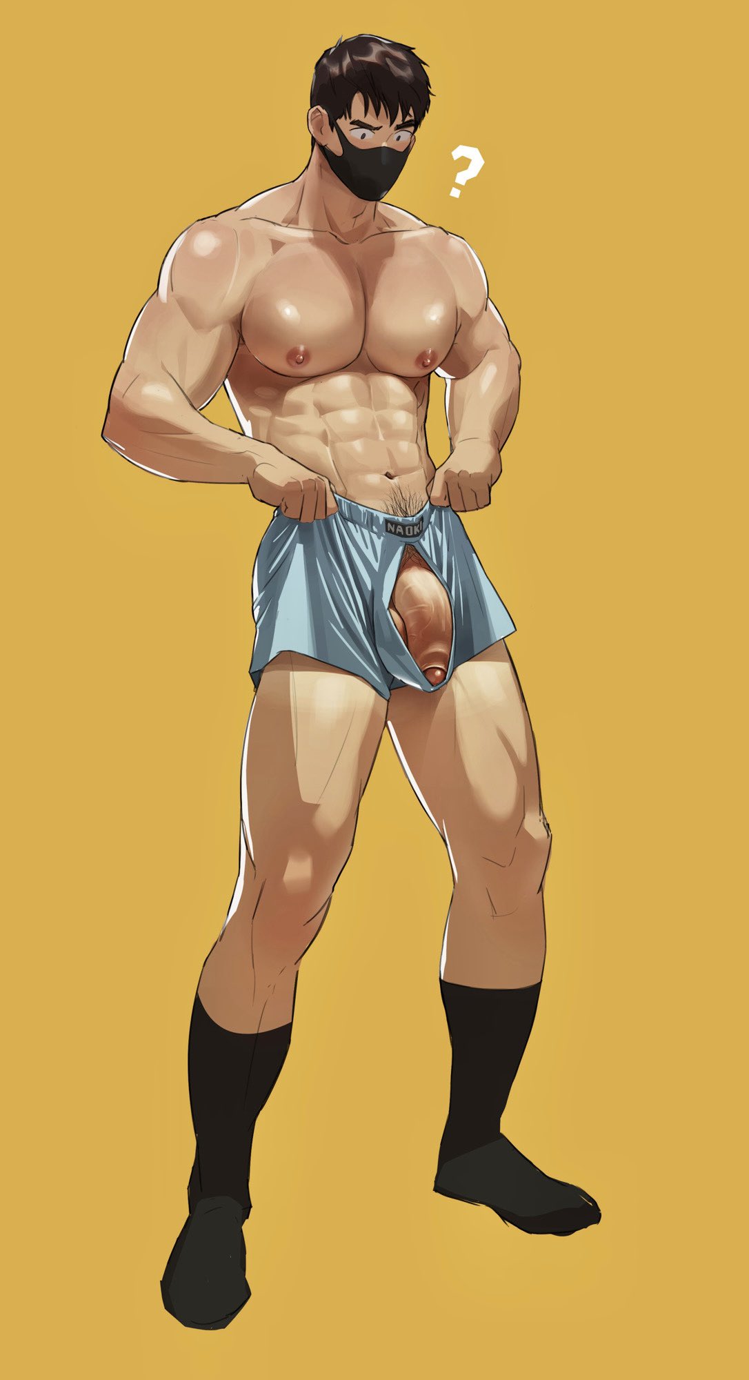 1boy, bara, gay, male, male focus, male only, muscular, muscular male, naoki (xhju8282), original, original character, simple background, solo, yaoi, yellow background