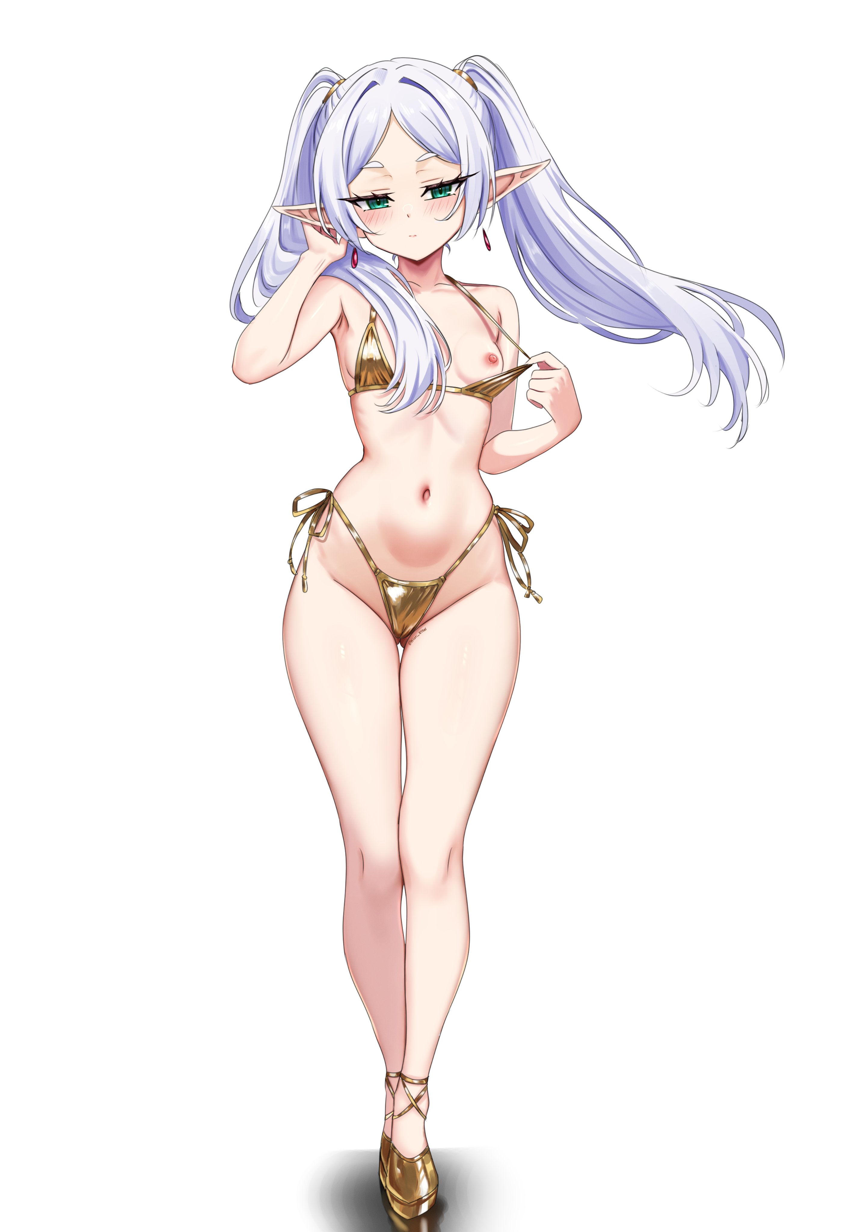 alternate version available, bikini, breasts, cameltoe, elf, elf ears, female, frieren, gold bikini, gold heels, green eyes, high heels, hips, hourglass figure, kiari art, long ears, navel, one breast out, pussy, simple background, small breasts, sousou no frieren, string panties, tagme, thick thighs, twintails, white background, white hair