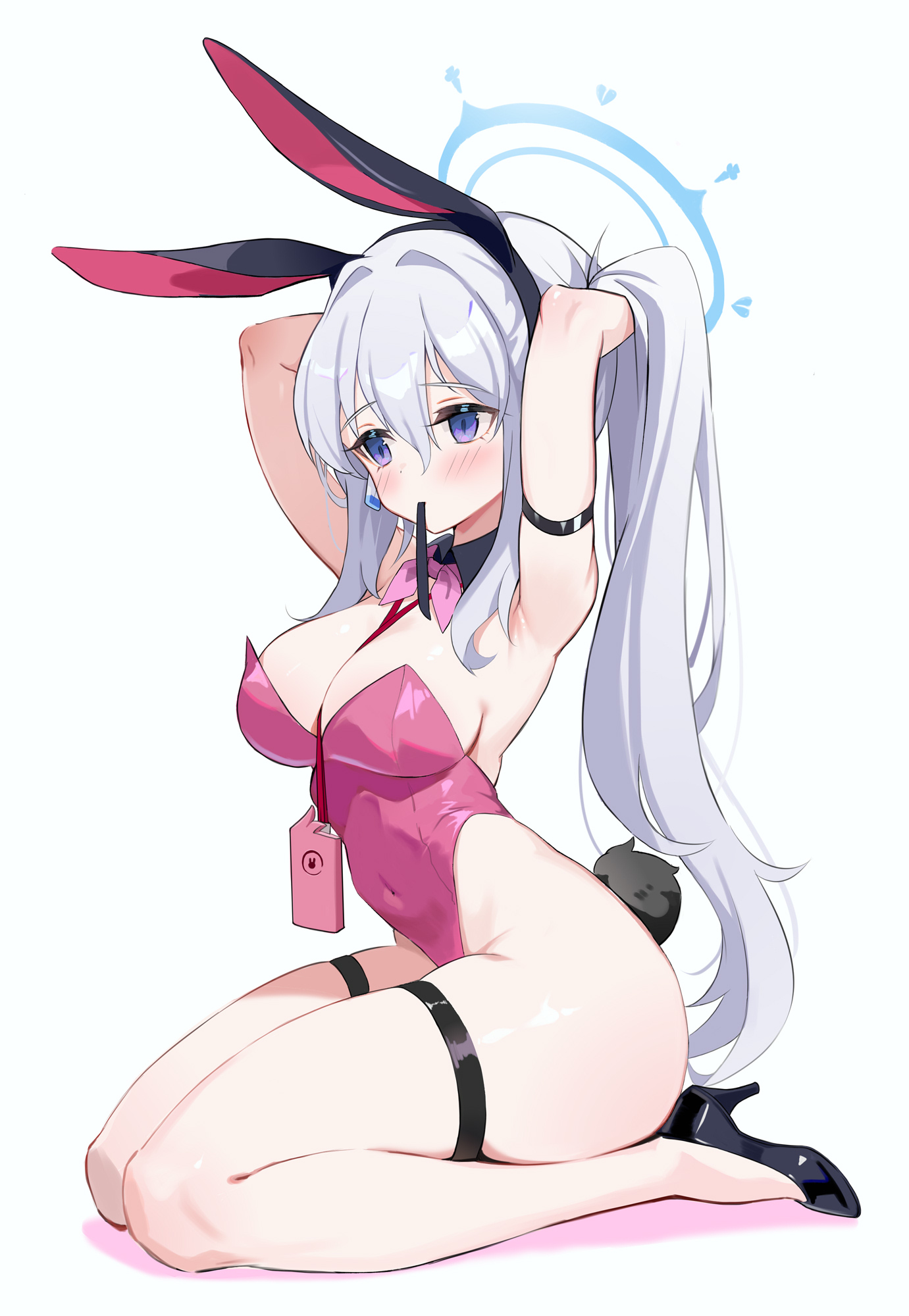 alternate breast size, alternate costume, ass, big ass, big breasts, blue archive, blush, blushing, breasts, bunny ears, bunny girl, bunny tail, bunnysuit, female, halo, high heels, high resolution, long hair, miyako (blue archive), tunoko98, video game character, white hair