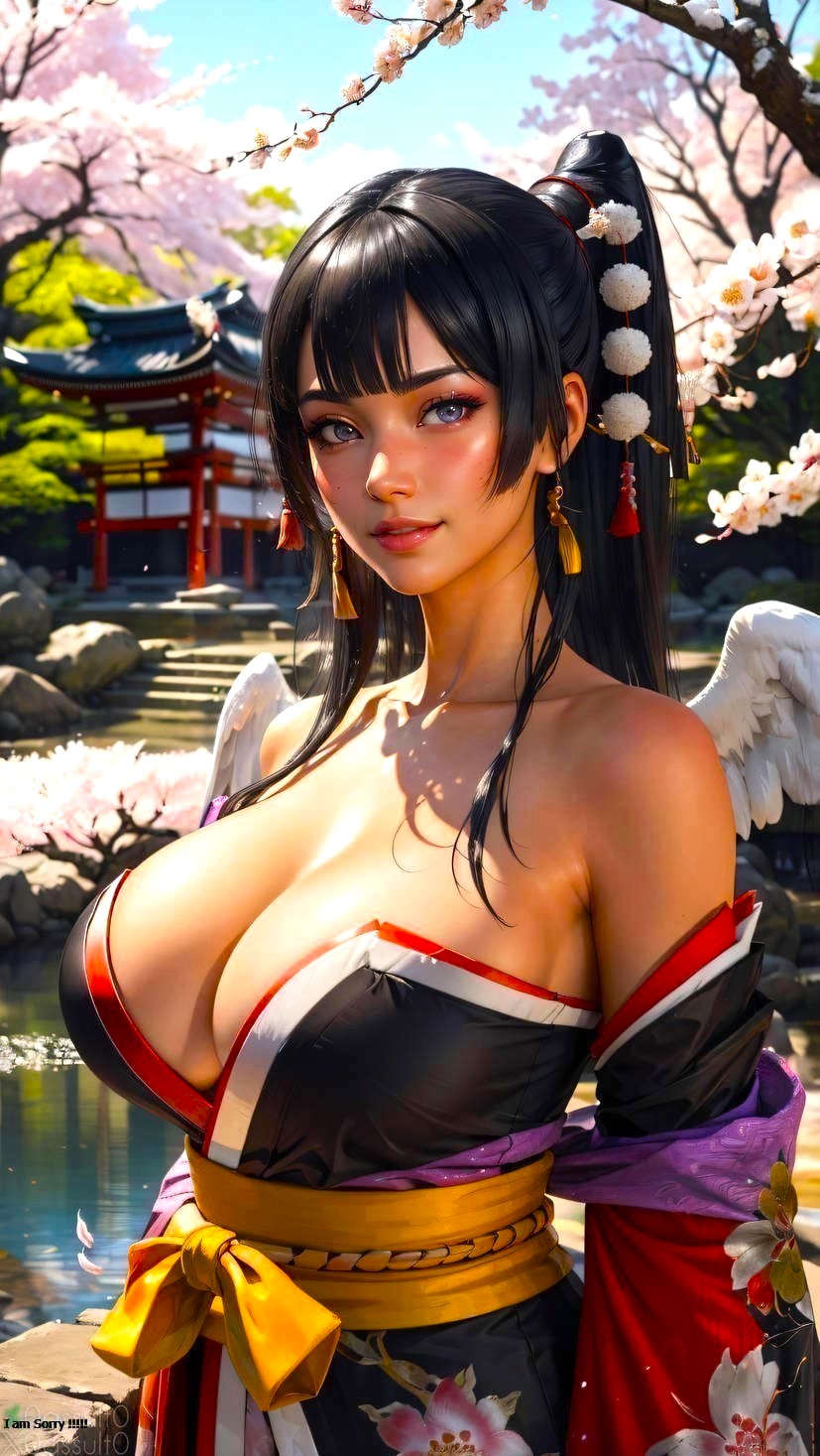 0assult0 ai_generated asian asian_female babe bangs bare_shoulders beautiful_background beautiful_females black_hair busty castle cherry_blossom_tree cherry_blossoms cleavage curvy_figure dead_or_alive eyelashes eyeshadow female garden golden_week hair_ornament holidays japanese_architecture japanese_castle large_breasts looking_at_viewer nyotengu obi oiran realistic river smiling_at_viewer team_ninja tecmo video_game_character video_game_franchise video_games voluptuous voluptuous_female