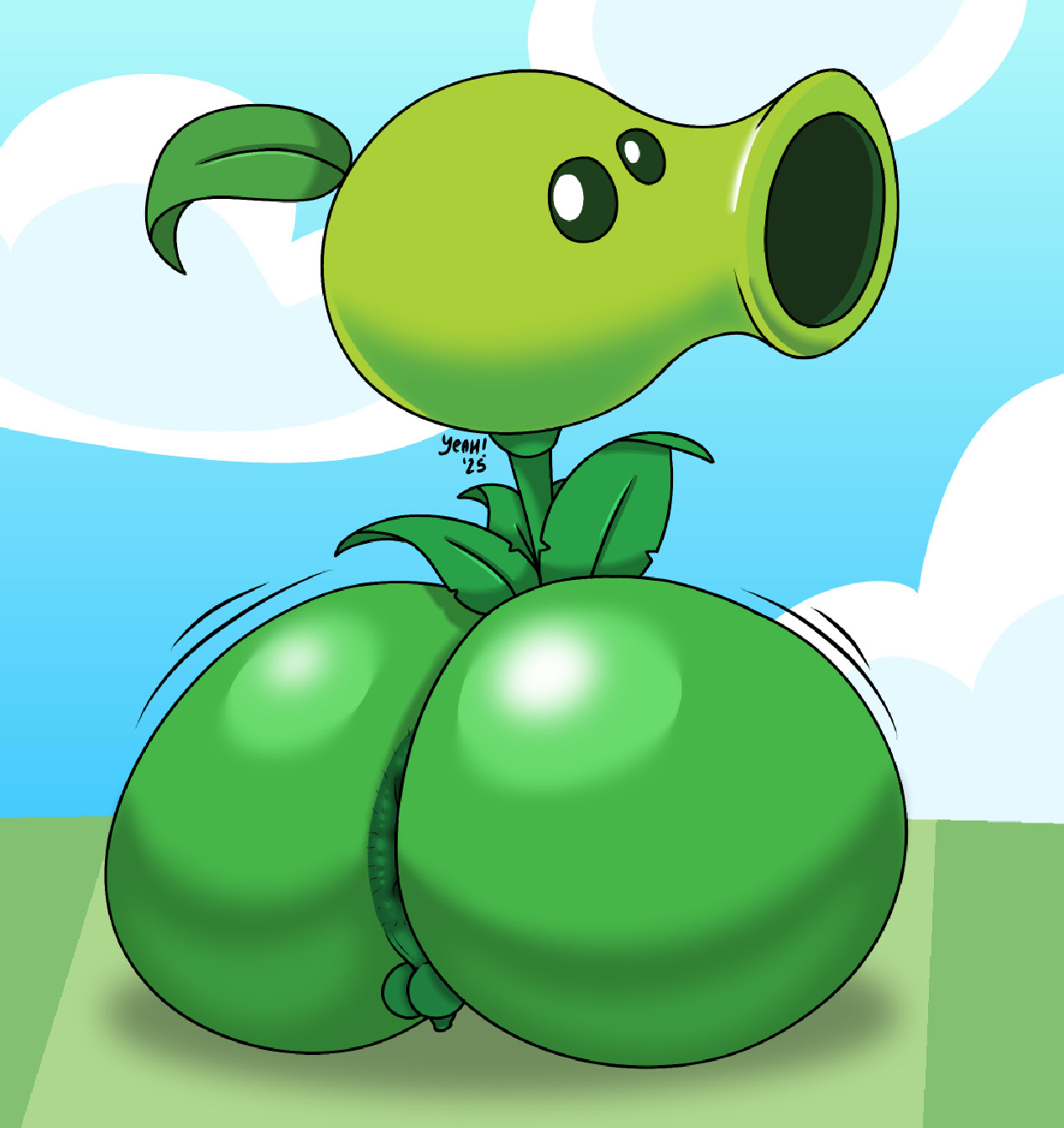 1boy, 2025, anus, anus peek, artist name, artist signature, ass, ass bigger than balls, ass bigger than body, ass bigger than head, ass bigger than penis, ass focus, ass jiggle, ass shake, ball with hyper features, balls, ballsack, big anus, big ass, big butt, blue sky, bluesky link, boy, bubble ass, bubble butt, butt focus, cloud, clouds, cock, eyes, facing away, fat, fat ass, flora fauna, genitals, gigantic ass, gigantic butt, green body, huge anus, huge ass, huge butt, humongous ass, hyper, hyper ass, jiggle, jiggling ass, leaf, leaf on head, looking at viewer, looking back, looking back at another, looking back at viewer, male, male only, miniscule penis, motion lines, no arms, no feet, no humans, no legs, no limbs, no sex, non-human, non-human only, peashooter (pvz), penis, plant, plant boy, plant dick, plants, plants only, plants vs zombies, plants vs. zombies, png, presenting ass, presenting hindquarters, pvz, shaded, shiny, shiny ass, small genitalia, small penis, solo, solo focus, solo male, solo plant, tagme, testicles, tiny penis, unrealistic proportions, yeah (artist)