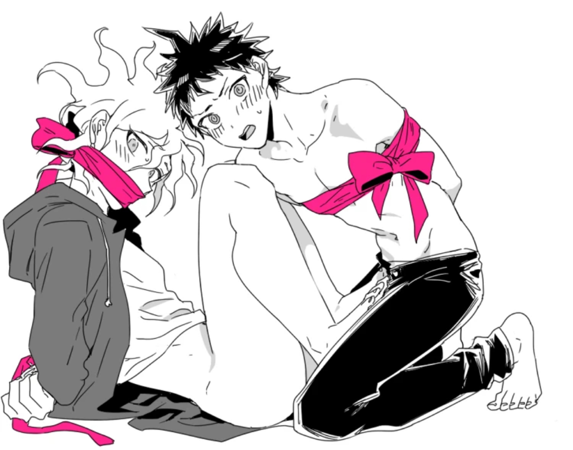 2boys, arms behind back, arms tied, arms tied behind back, ass, blush, danganronpa, danganronpa 2: goodbye despair, drfav, hinata hajime, male, male focus, male only, mouth covered, mouth mask, nagito komaeda, pantsless, partially clothed, partially nude, ribbon bondage, shirtless, shirtless male, uurin, wrists tied