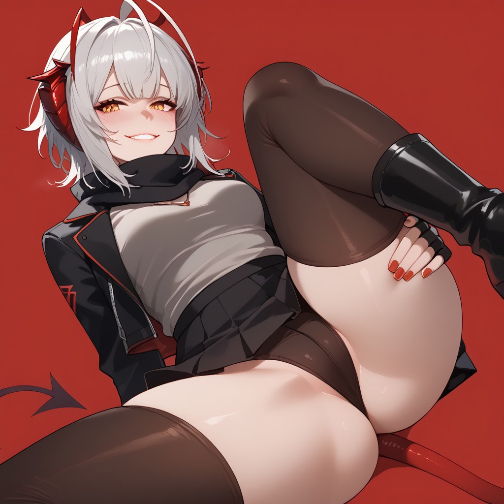 1girls, ai generated, arknights, ass, big ass, cockroach girl, fat ass, female, hexd, leg up, lifting leg, panties, showing off, silver hair, smile, spread legs, thick thighs, turtleneck, w (arknights), yellow eyes