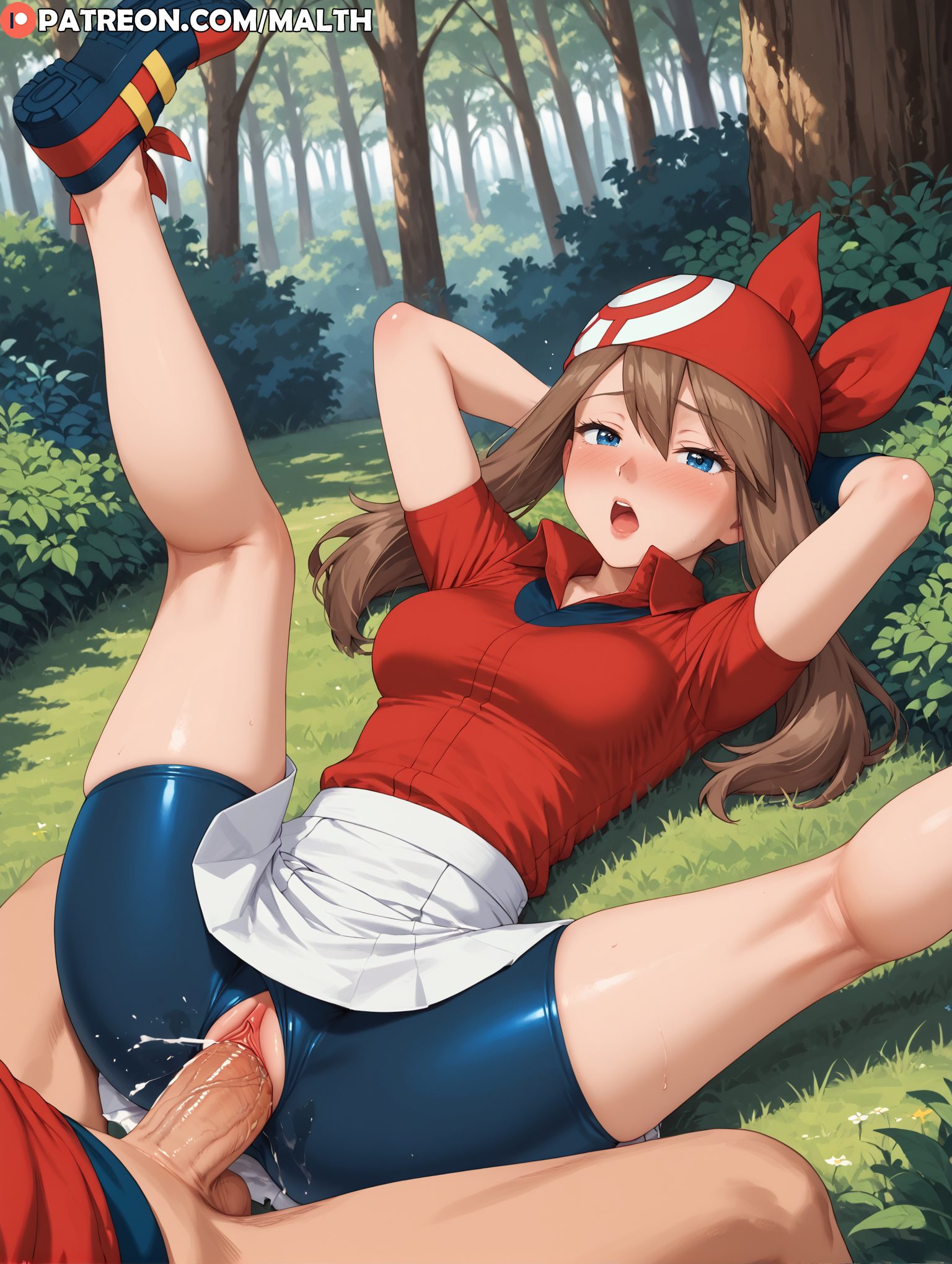 1boy, 1girls, ai generated, arms behind head, bandana, bike shorts, blue eyes, blush, breasts, brown hair, female, forest, half-closed eyes, highres, legs up, lying, lying on back, male, malth, may (pokemon), medium breasts, missionary position, moaning, outdoors, pokemon, pussy, sex, spread legs, vagina, vaginal penetration, vaginal sex