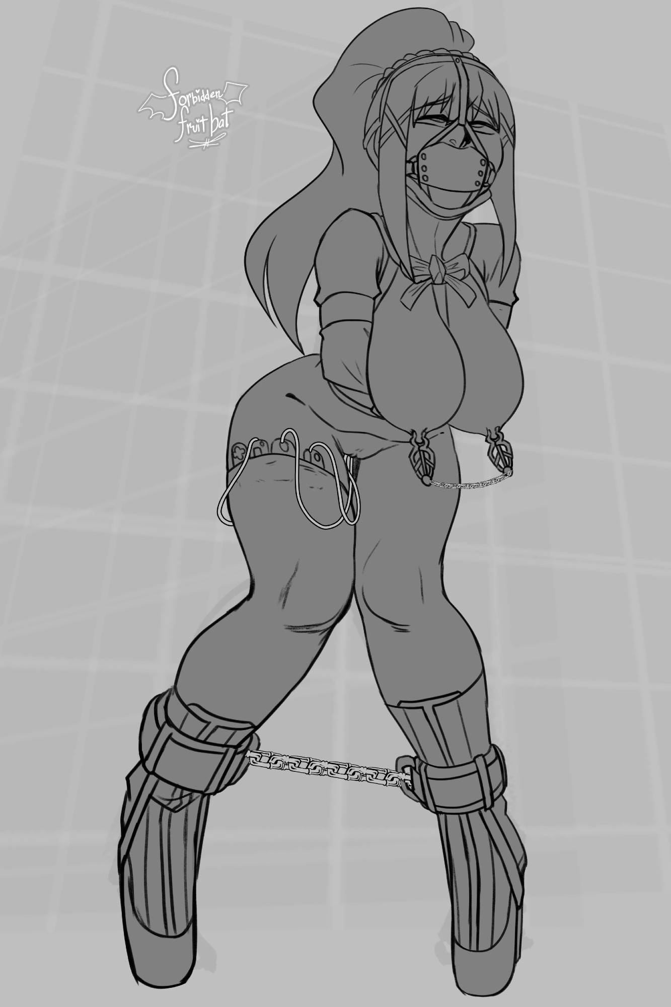 ankle cuffs, armbinder, big breasts, bondage, breasts, bullet vibe, darkness (konosuba), exposed ass, exposed pussy, female, forbiddenfruitbat, gag, gagged, harness gag, heels, kono subarashii sekai ni shukufuku wo!, locked high heels, my pet tentacle monster, nipple clamps, panel gag, ponytail, pussy, sketch, vibrator, vibrator in ass, vibrator in pussy