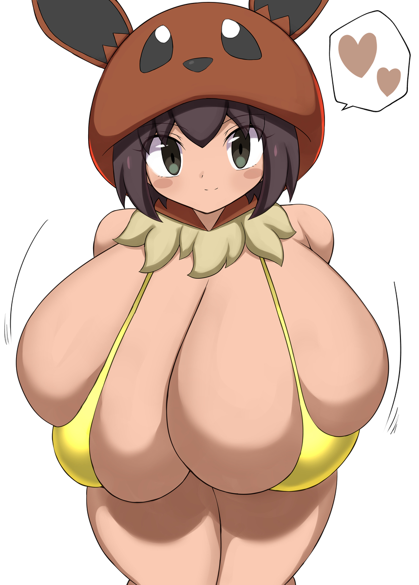 1girls, aged up, big breasts, black hair, blush, bra, breasts, breasts bigger than head, cleavage, clothed, clothing, creatures (company), eevee (cosplay), female, female focus, female only, game freak, heart, huge breasts, human, human female, human only, hyper, hyper breasts, jaga334, light skin, light-skinned female, mostly nude, nintendo, npc trainer, poke kid (pokemon ss), poke kid (pokemon), pokemon, pokemon ss