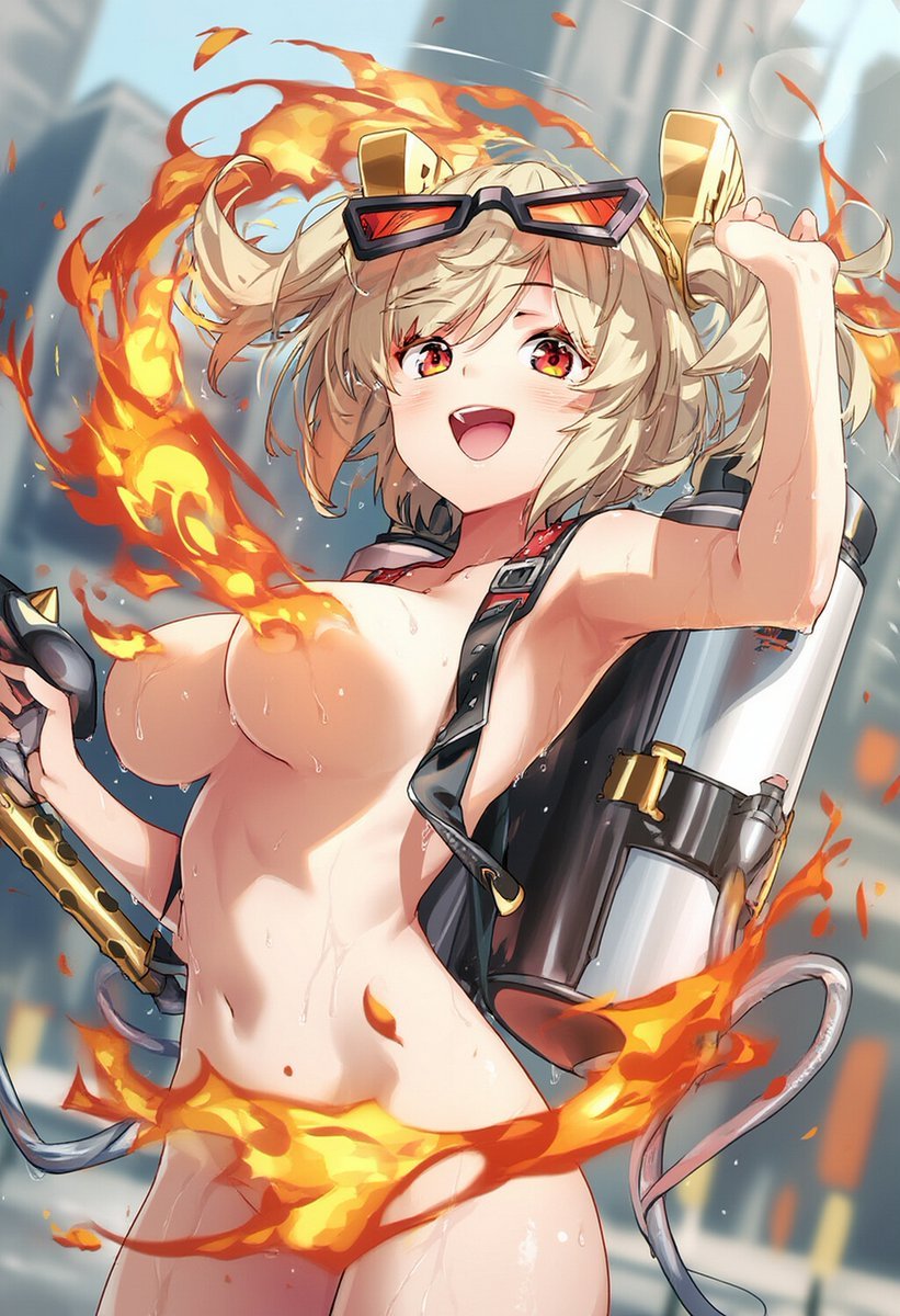 ai_generated armpit big_breasts burnice_white fire happy_female naked naked_female one_arm_up orange_eyes raaicave sunglasses_on_head zenless_zone_zero