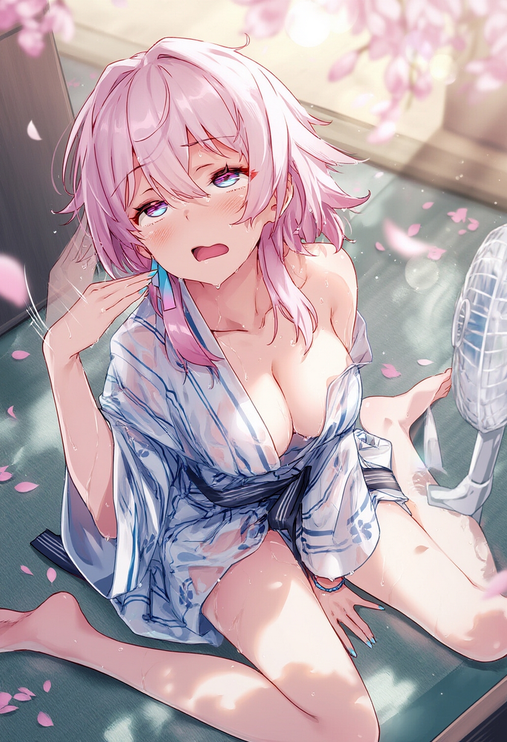1girls, ai generated, breasts, cherry blossoms, electric fan, female, female only, honkai: star rail, march 7th (honkai: star rail), overheated, raaicave, sitting on floor, sweating, sweating profusely