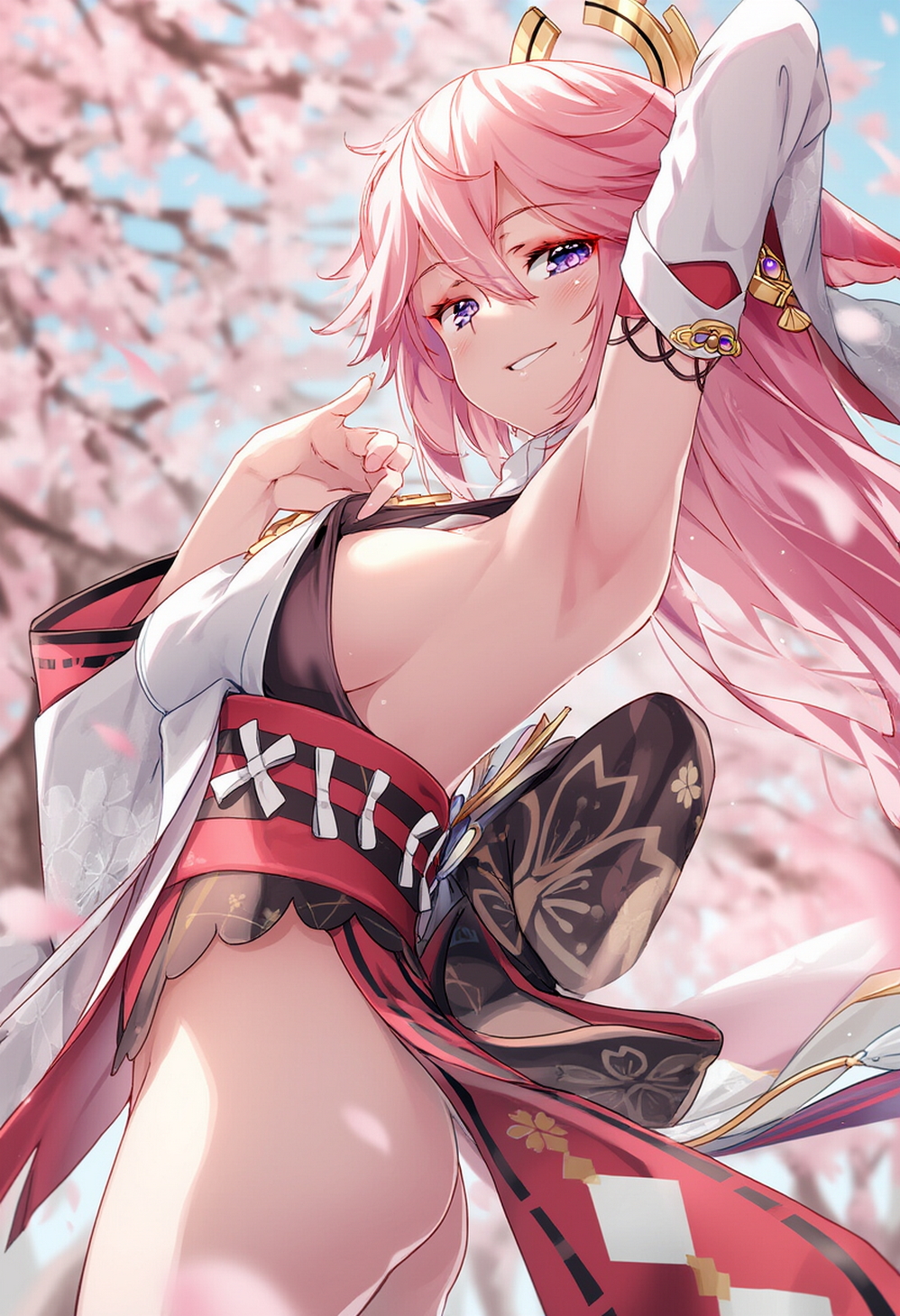 ai generated, armpits, ass peek, cherry blossoms, female, female only, genshin impact, pink hair, raaicave, sky background, smile, yae miko
